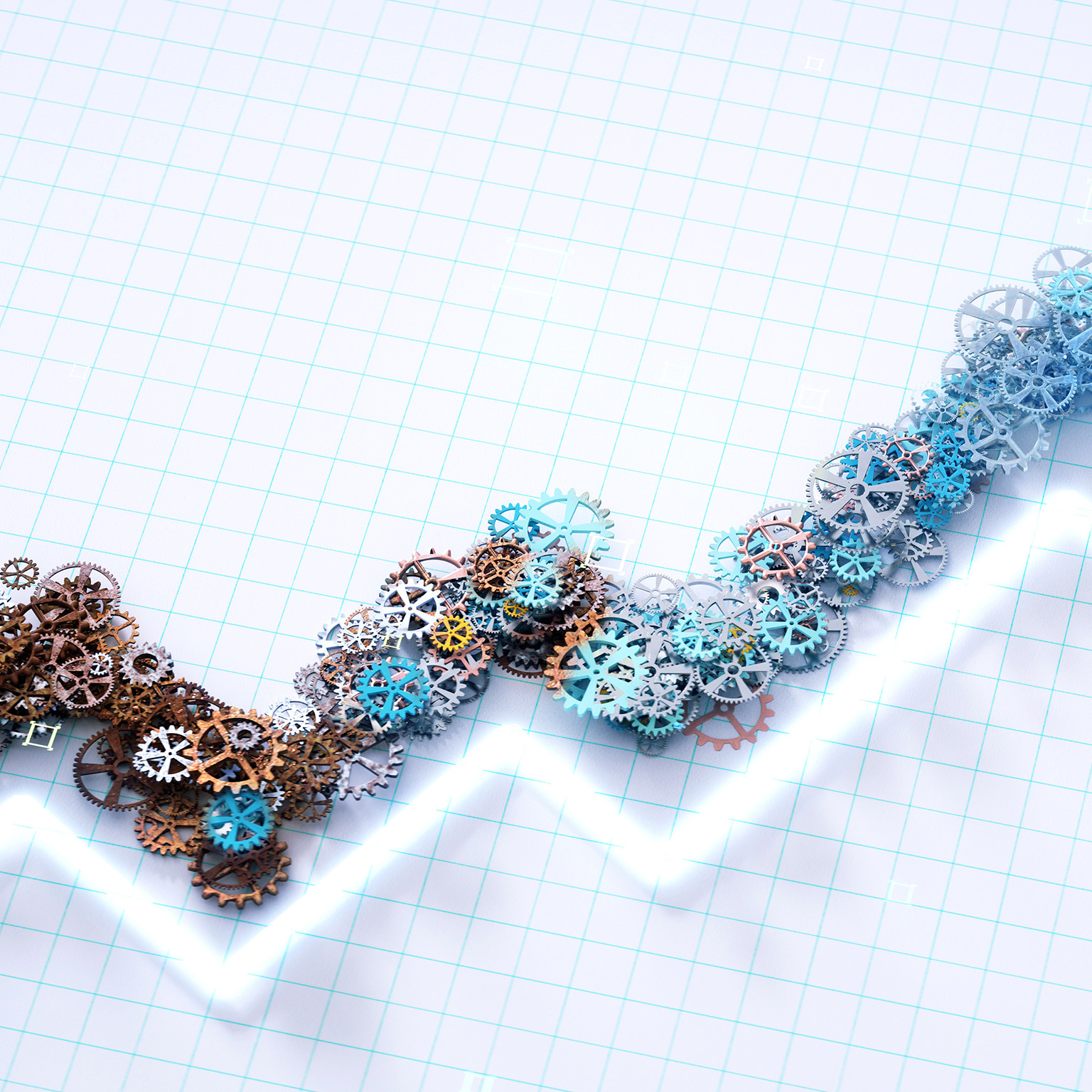 Digital generated image of abstract growing diagram made out of gear wheels