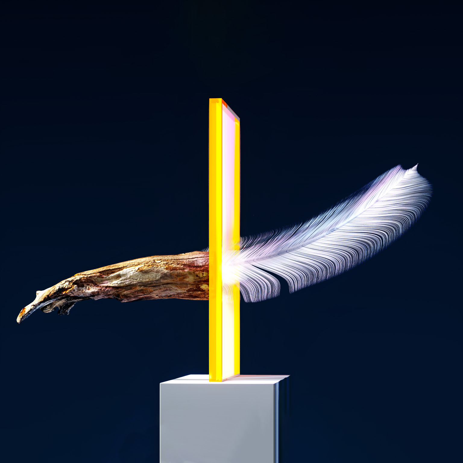 A wooden object going through a luminous yellow gateway and changing into a feather upon emerging.