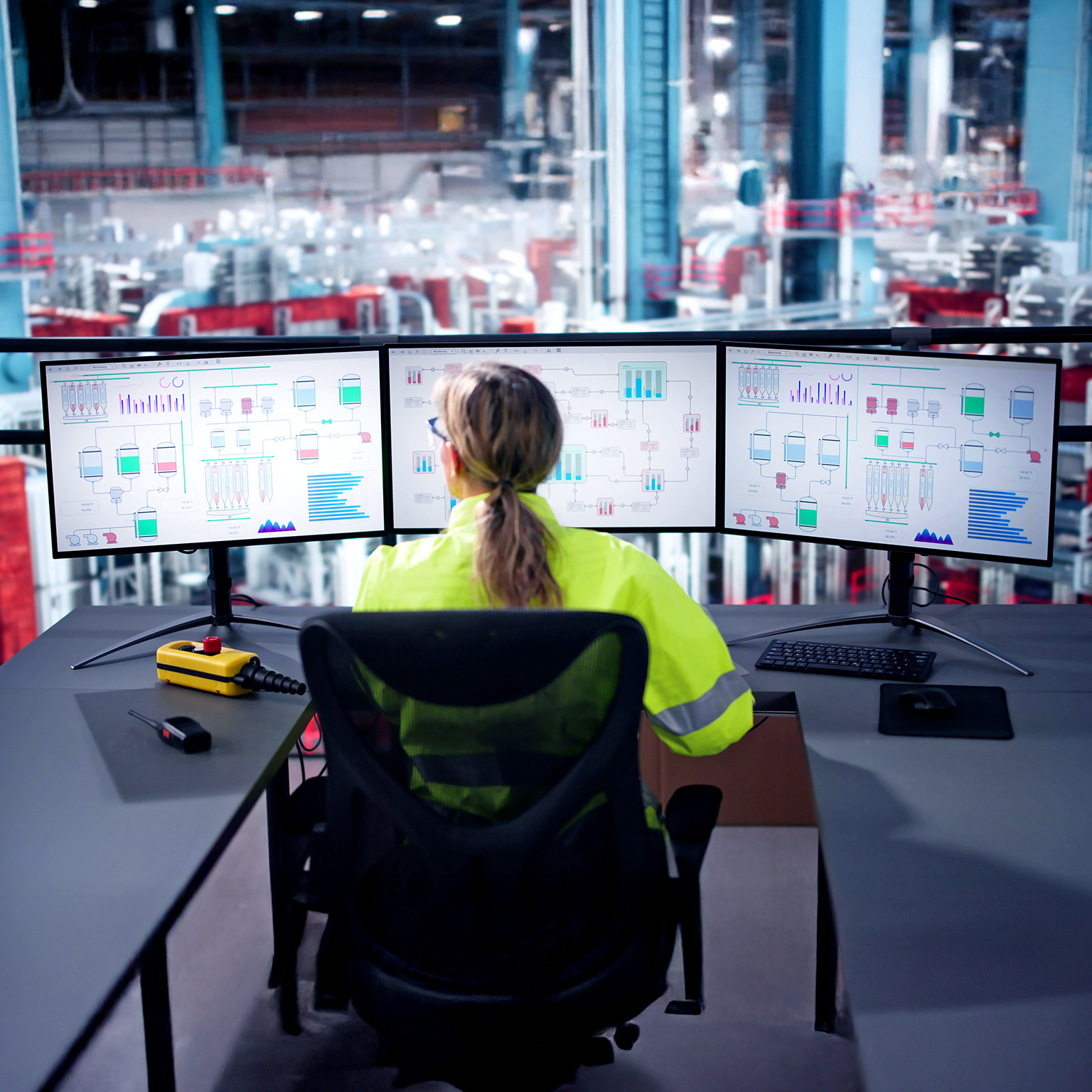 Image of an engineer operating an industrial data automation system using multiple computer screens with a factory in the background.