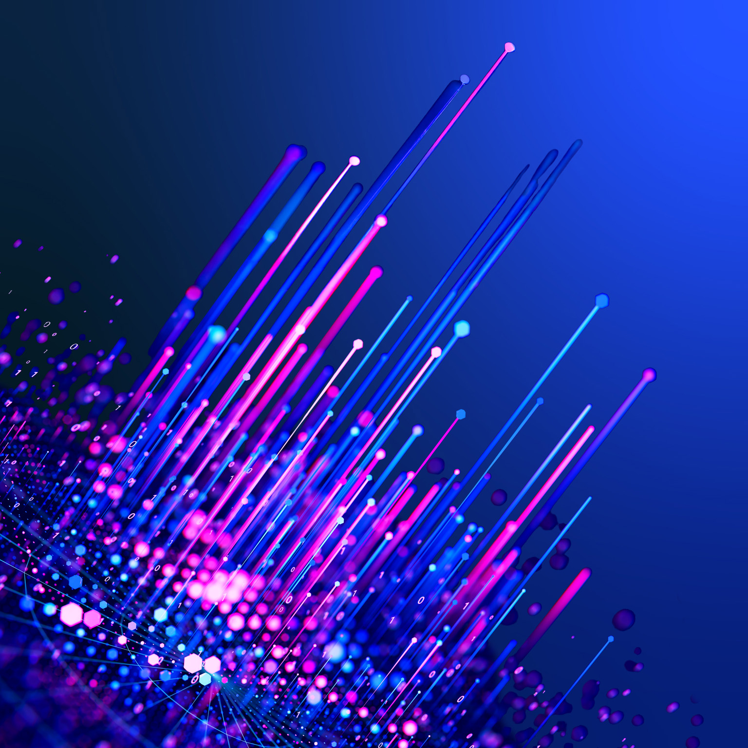 An abstract digital illustration featuring glowing blue and pink light streaks rising upward against a dark blue gradient background.