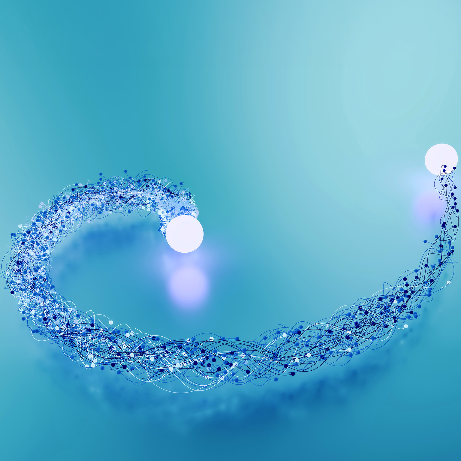 Abstract curved line of interconnected dots and lines forming a flowing network shape.