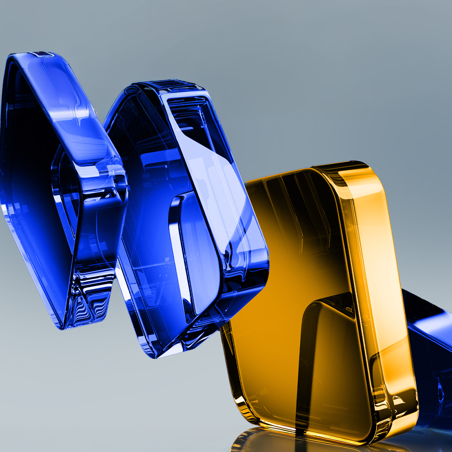 Translucent, overlapping abstract squares in deep blue and gold set against a gray gradient background.
