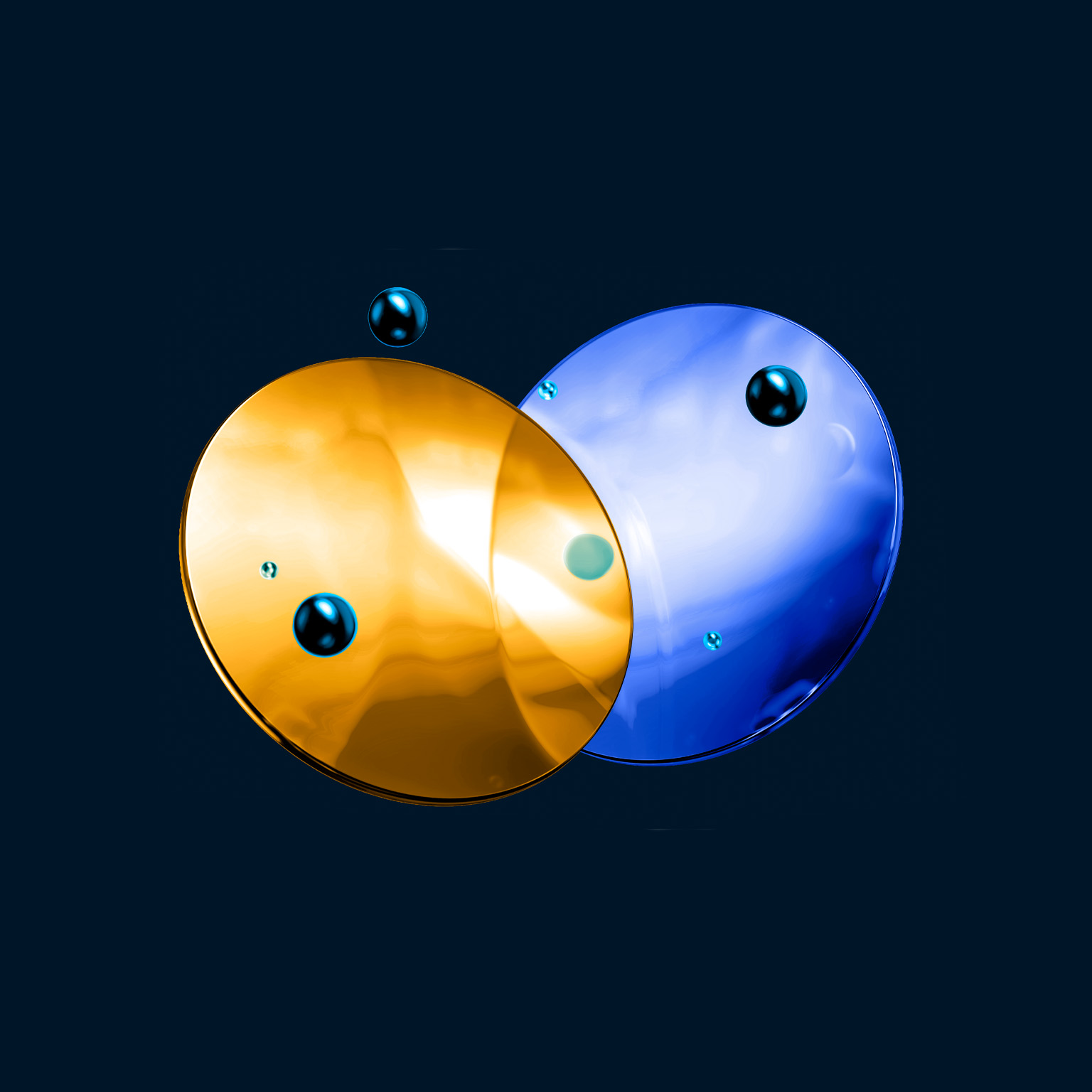 Two glass like, overlapping circular shapes—one gold and one blue—float against a dark background. Small reflective droplets are scattered across and around the surfaces.