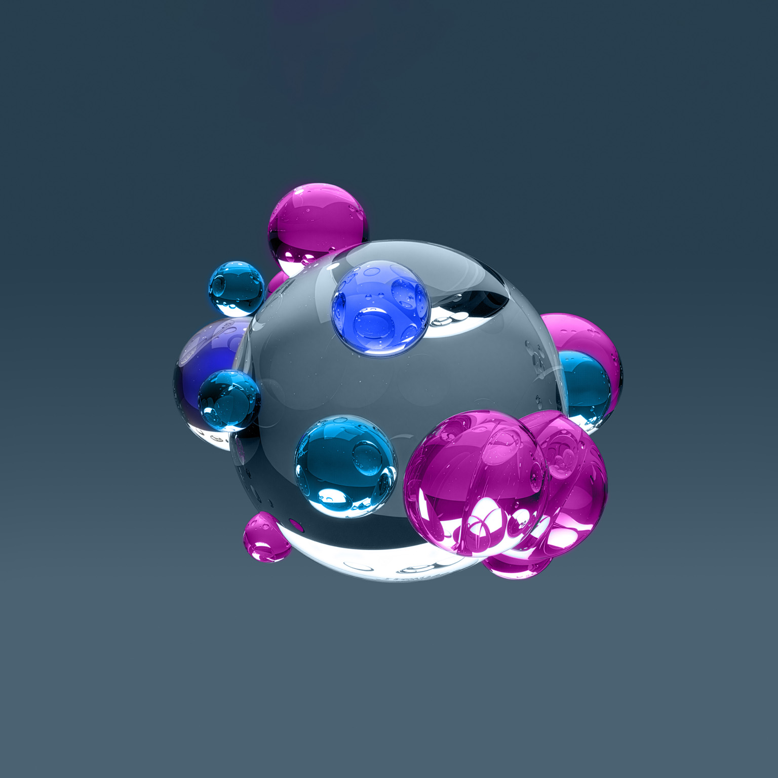 A cluster of glossy, translucent spheres in blue, purple, and clear tones surrounds a larger central orb.