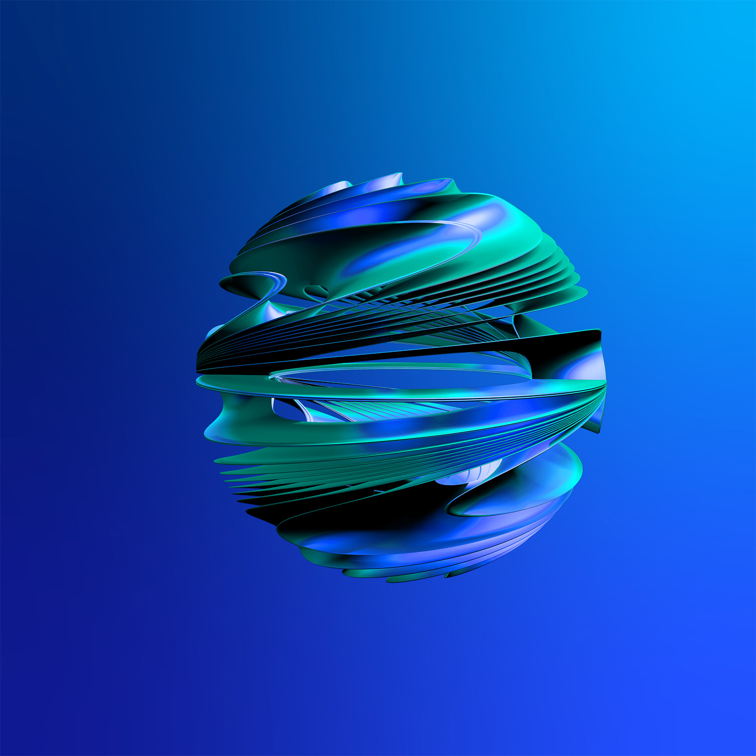 A 3D image of a glossy turbine-like spherical structure with thin vanes and smooth, bulbous shapes.