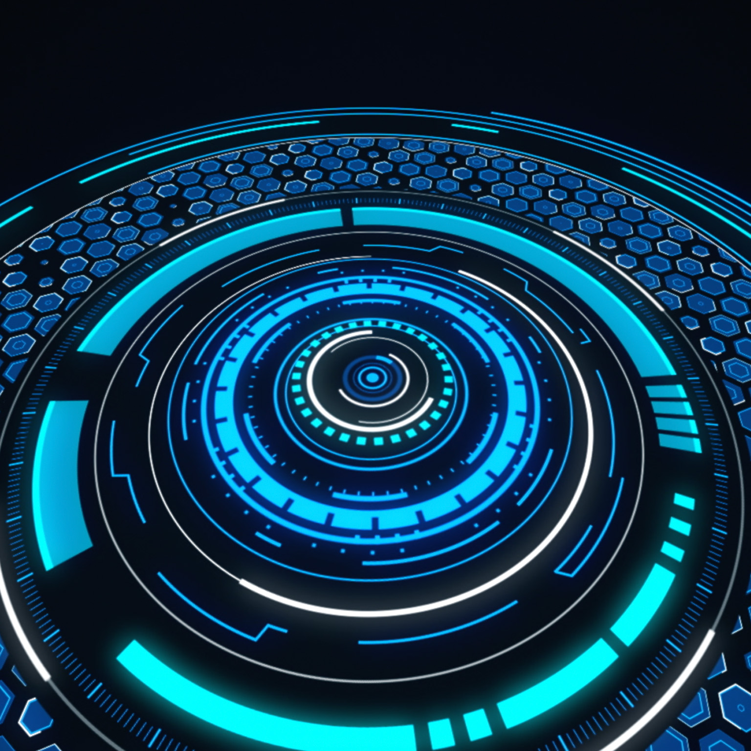 An abstract shape made of circles and hexagons spins and transforms, shifting from black and white to full color.