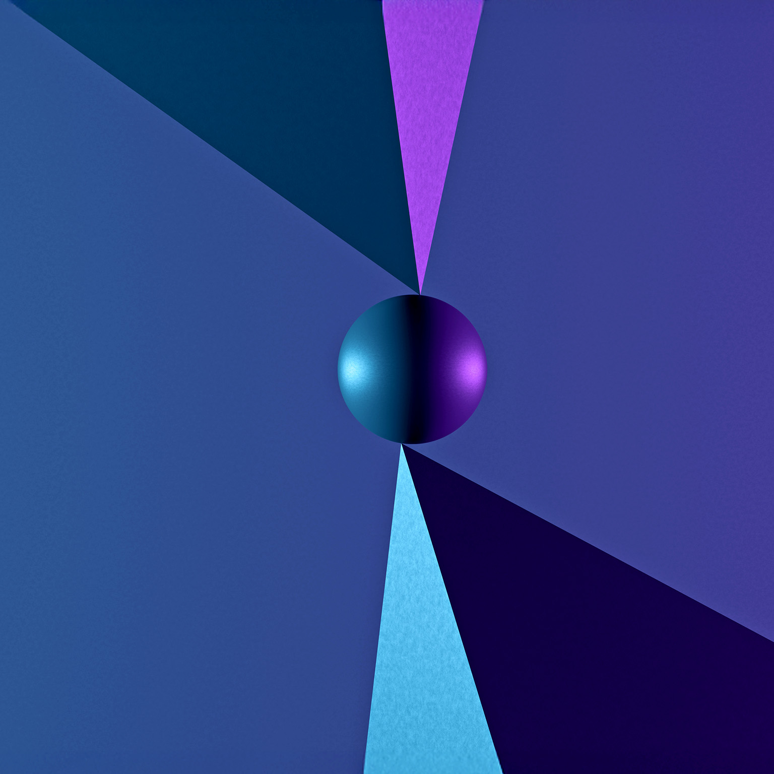 Abstract image of a ball held balanced between two pointed pyramidal objects.