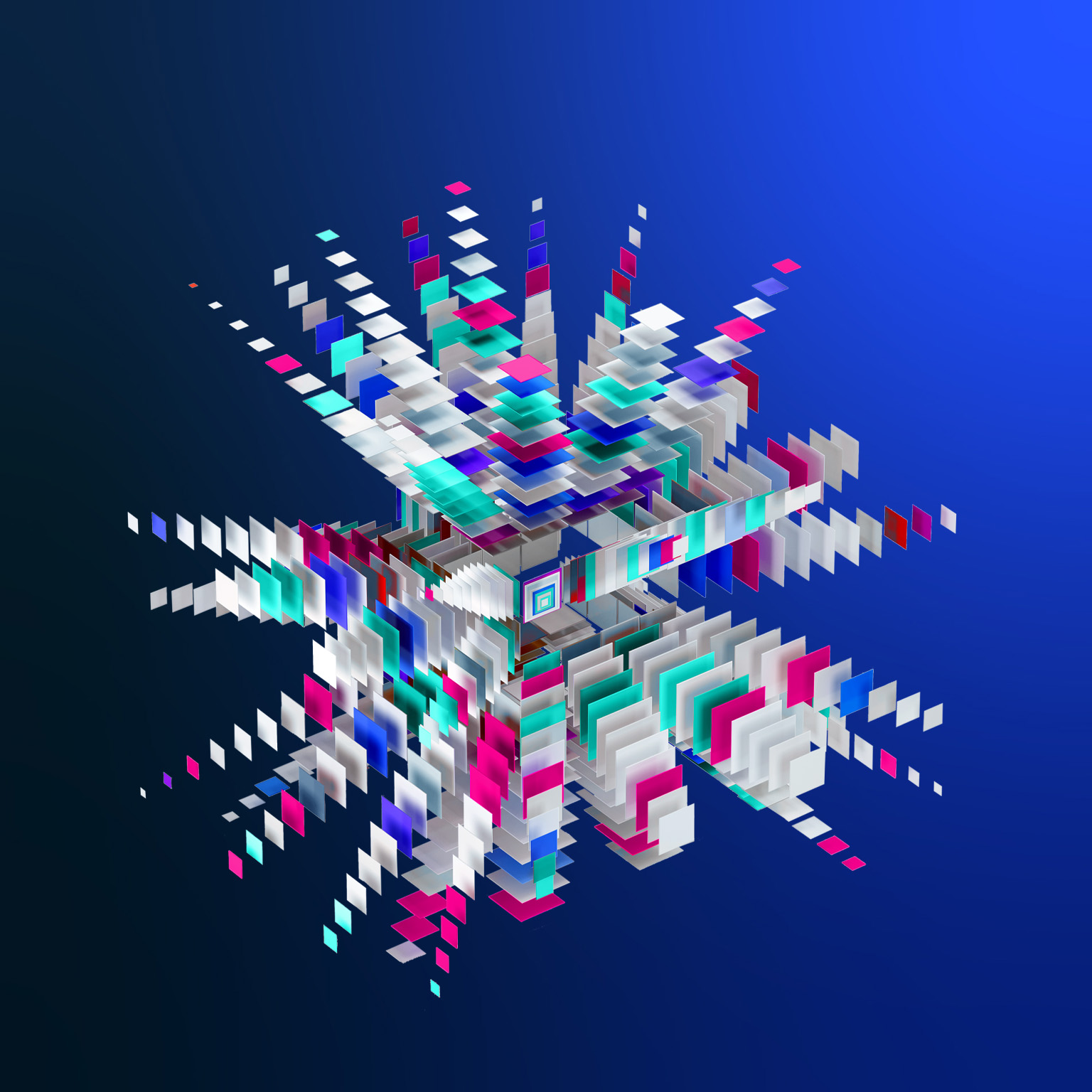 Several piles of stacked, flat squares arranged on top of one another. The stacks radiate outwards from a central location. While the majority of the squares are white, there are also splashes of blue, purple, pink, and teal.