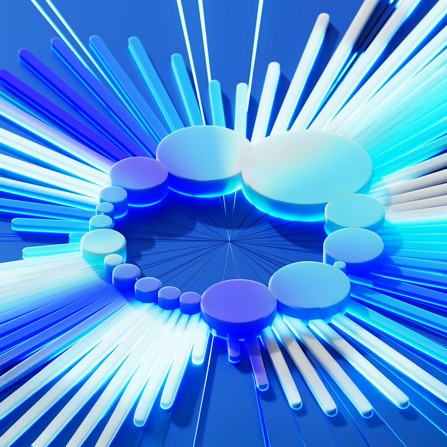 Abstract circular arrangement of glowing shapes with radiating blue light beams.