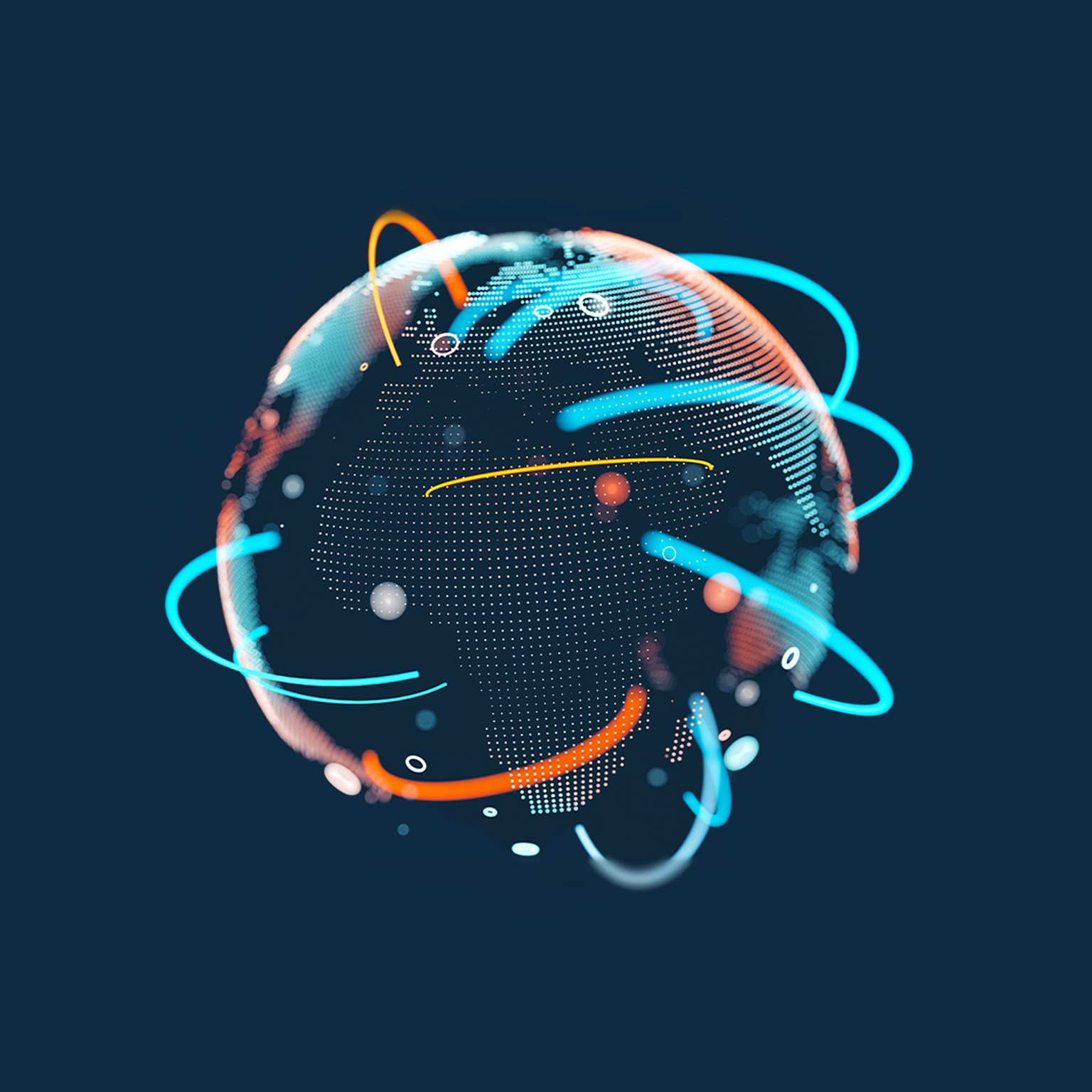 Earth represented by little dots and curved lines - big data, global business, cryptocurrency 3D render