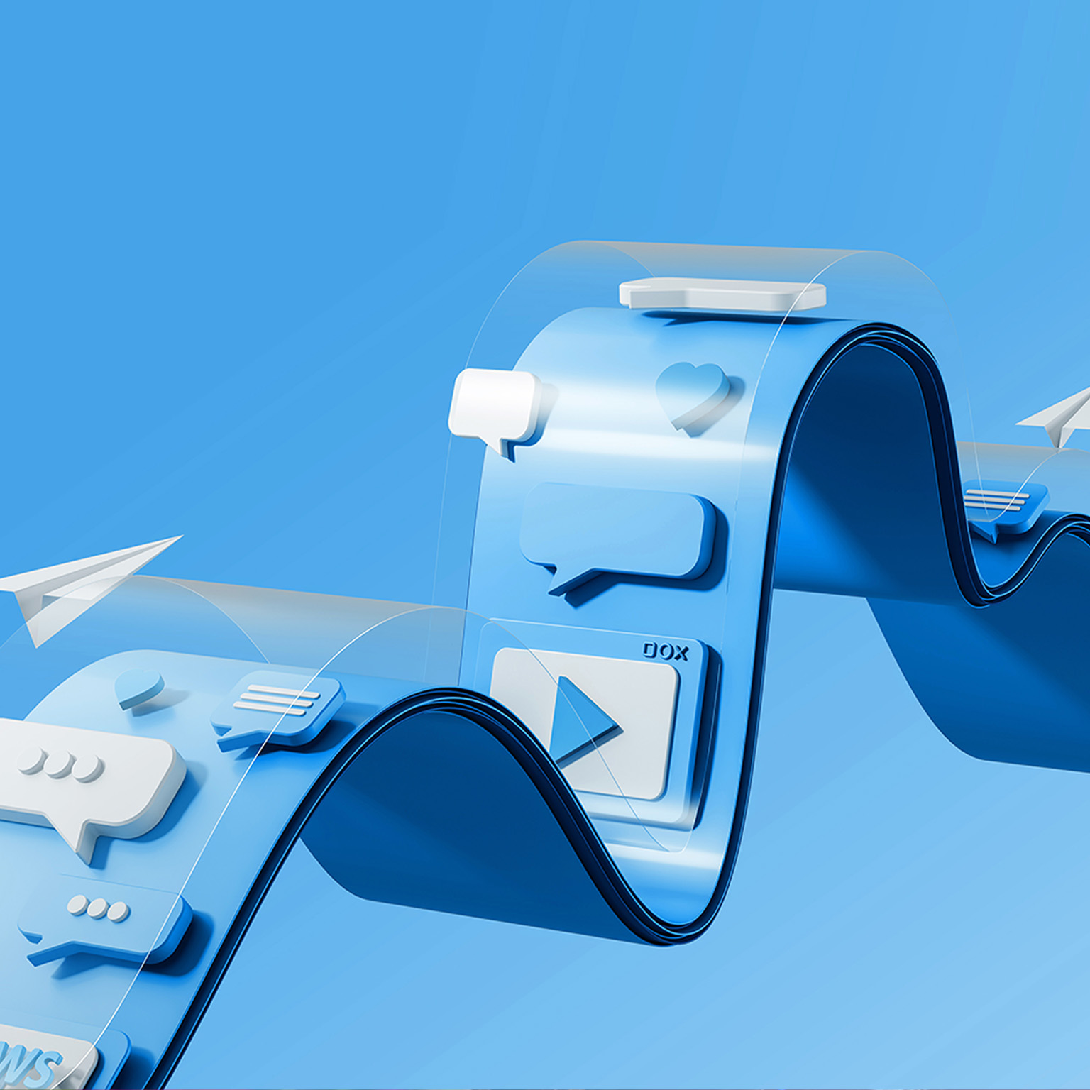 Social media communication concept with speech bubbles, hearts, and paper planes on a wavy blue structure. Futuristic digital interaction design.