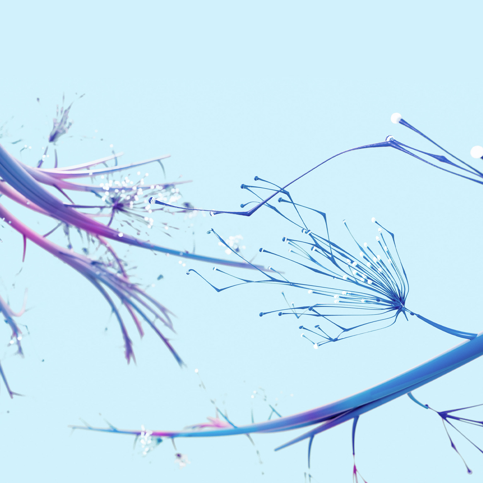 Delicate blue and purple tendrils constantly expanding. These tendrils bear a resemblance to neurons, with luminous buds at their tips.