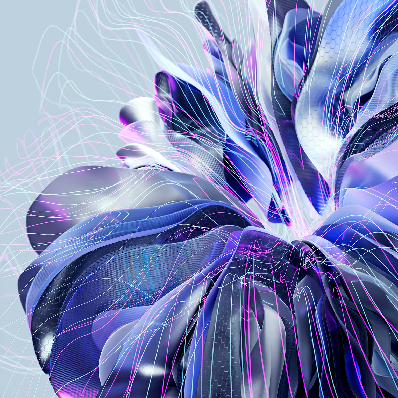 Abstract convergence of flowing digital forms and interconnected energy lines, representing the integration of human, AI, and humanoid capabilities within a symbiotic enterprise.