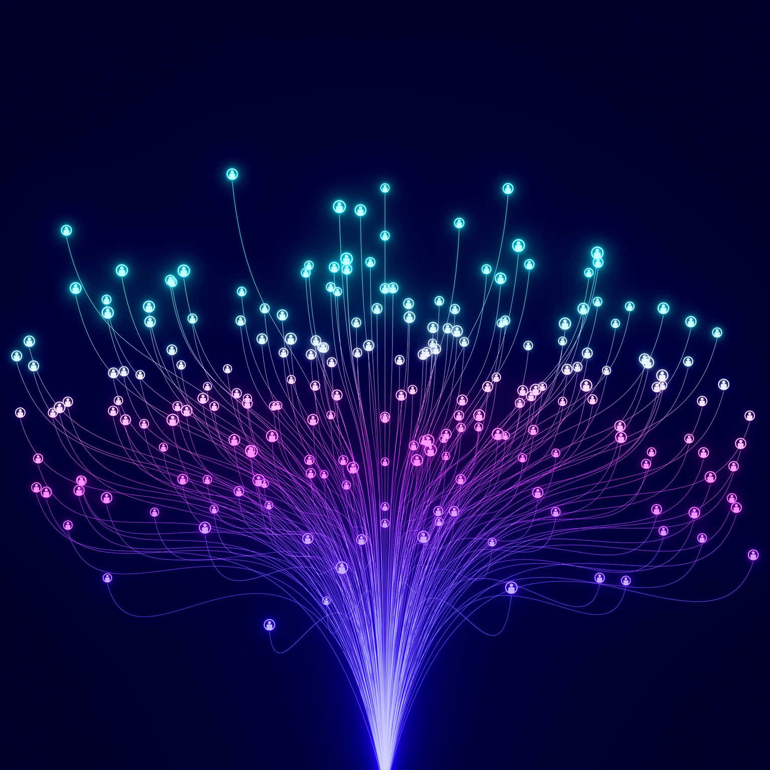 Curved lines rise from a single point and split into dozens of strands, each ending in a person icon
