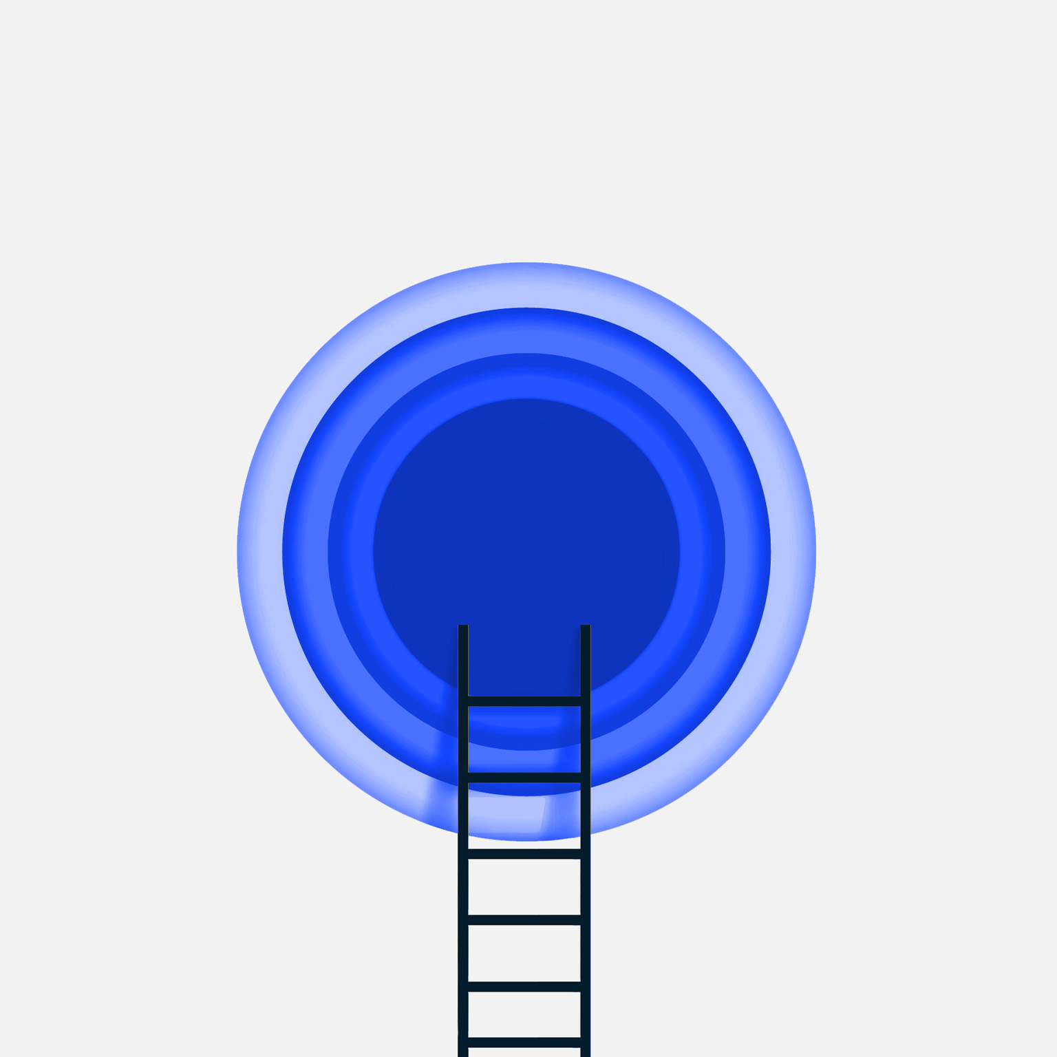 A portal constructed from stacked circles is visible against a light gray background. A ladder is propped against the central circle.