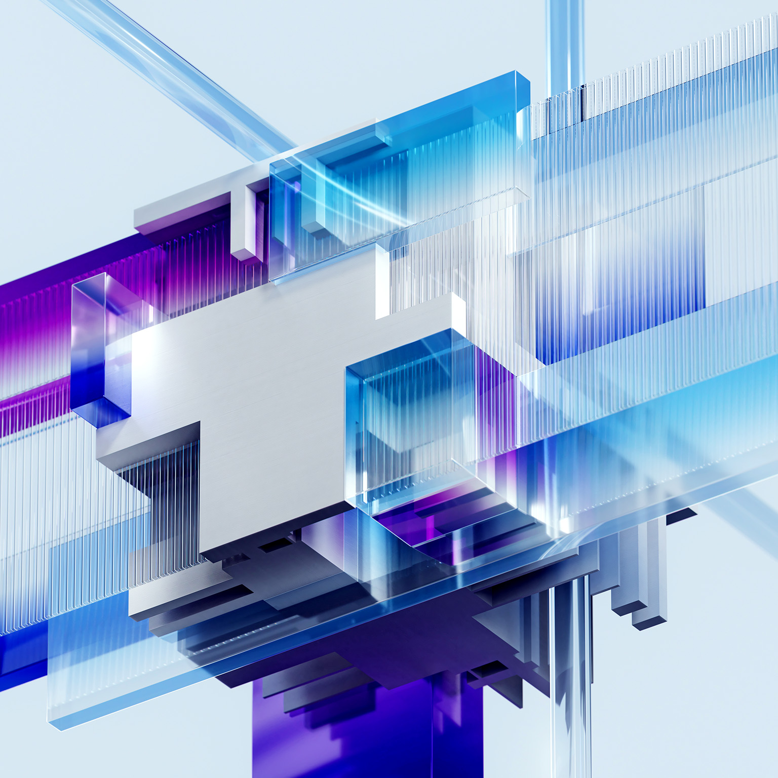 A digitally generated image of glowing futuristic cubes intersecting with digital data flowing in network structures.