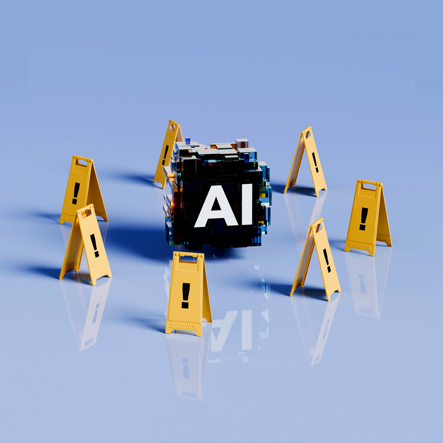In the center is a block of cubes that says “AI,” surrounded by yellow safety cones, each marked with an exclamation point.
