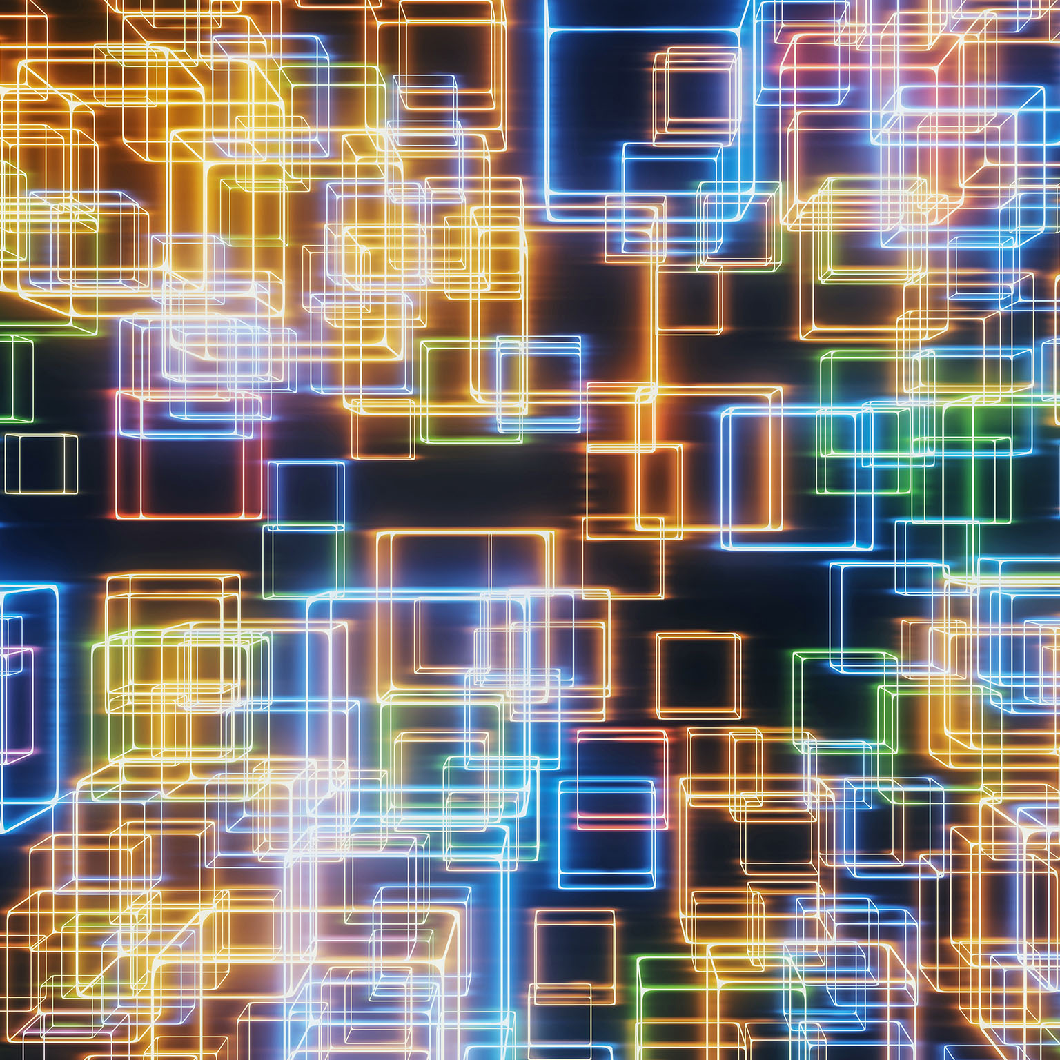 Photo illustration of neon-outlined boxes overlapping in a pattern