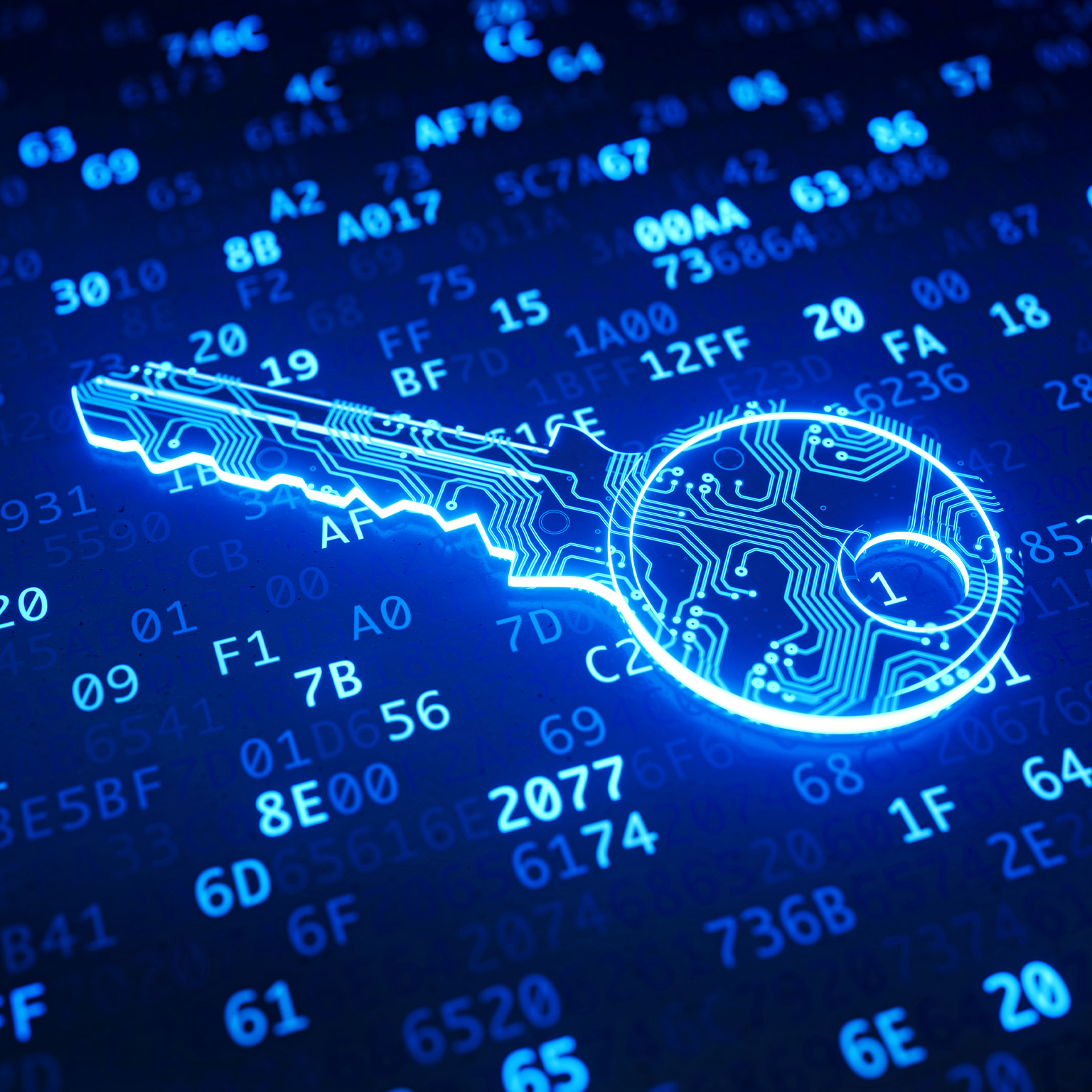 A blue key made to resemble a circuit and placed in front of binary computer code