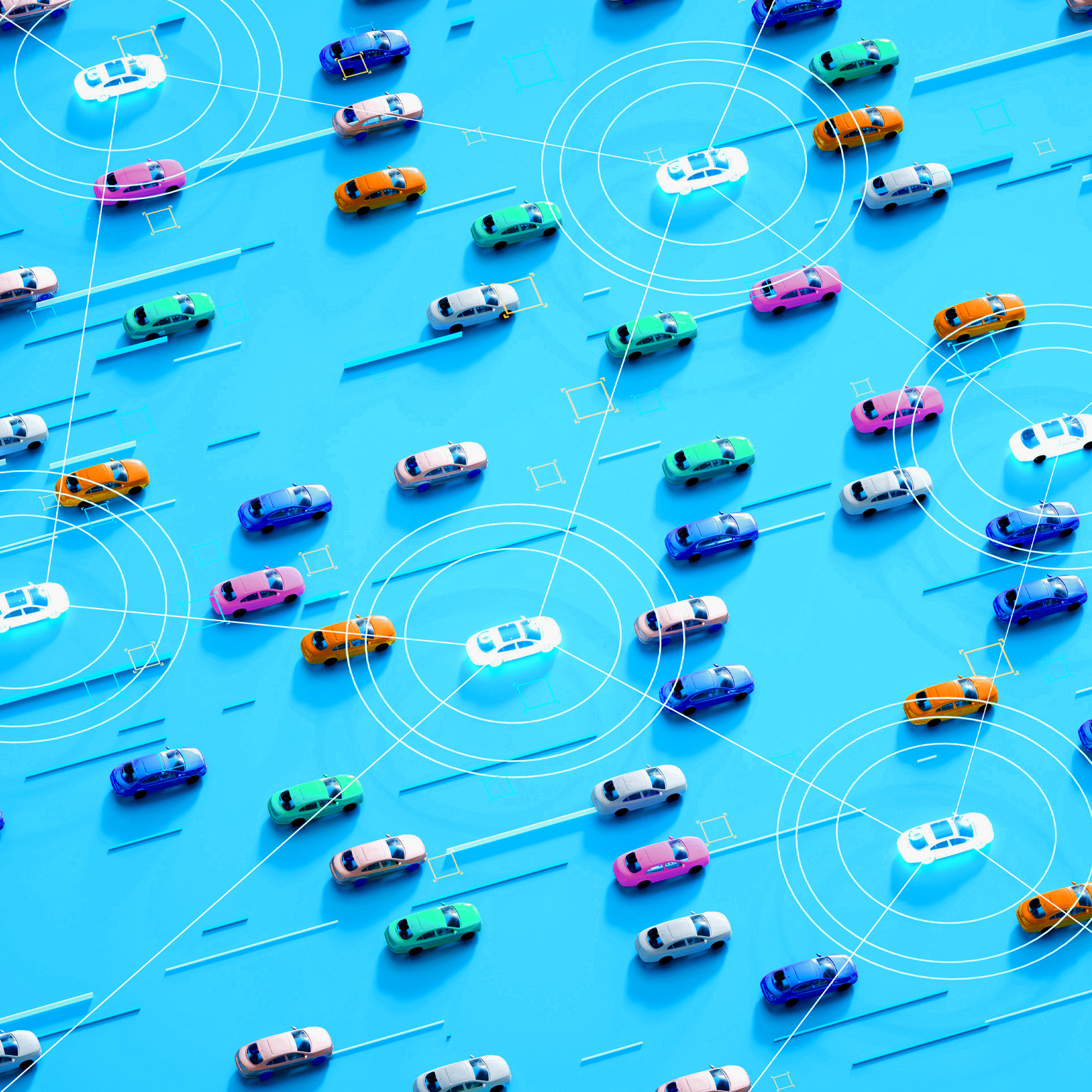 A bird's-eye view of numerous cars arranged on a bright blue background. Some cars are interconnected by a network of glowing lines.