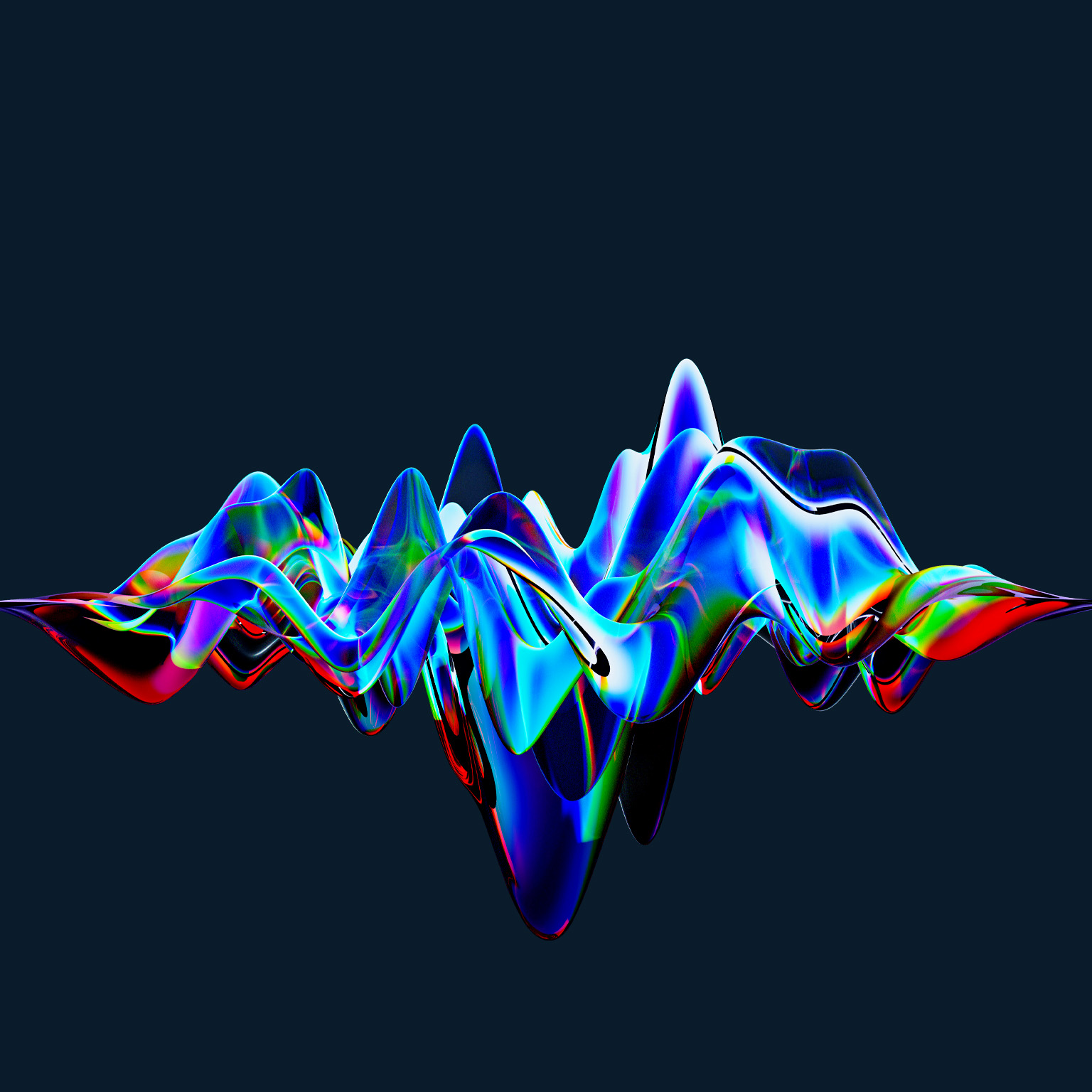 A 3d pattern of deep blue, red, and green hues undulates across the screen, resembling an abstract glass wave. The wave is set against a deep blue background, which adds to the drama. 