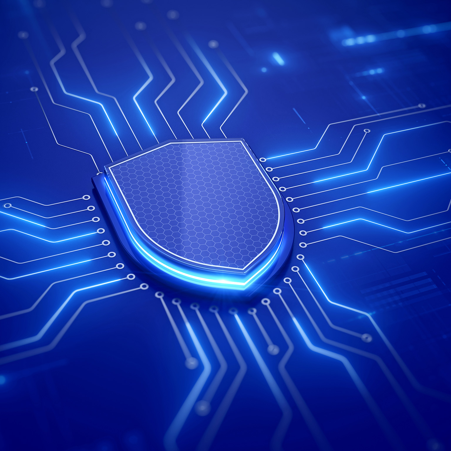 A glowing digital shield at the center of a circuit board, symbolizing cybersecurity and data protection.