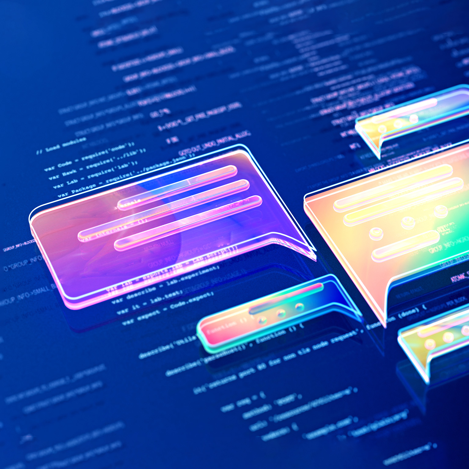 A digitally generated illustration that shows a computer screen with code and chat bubbles.