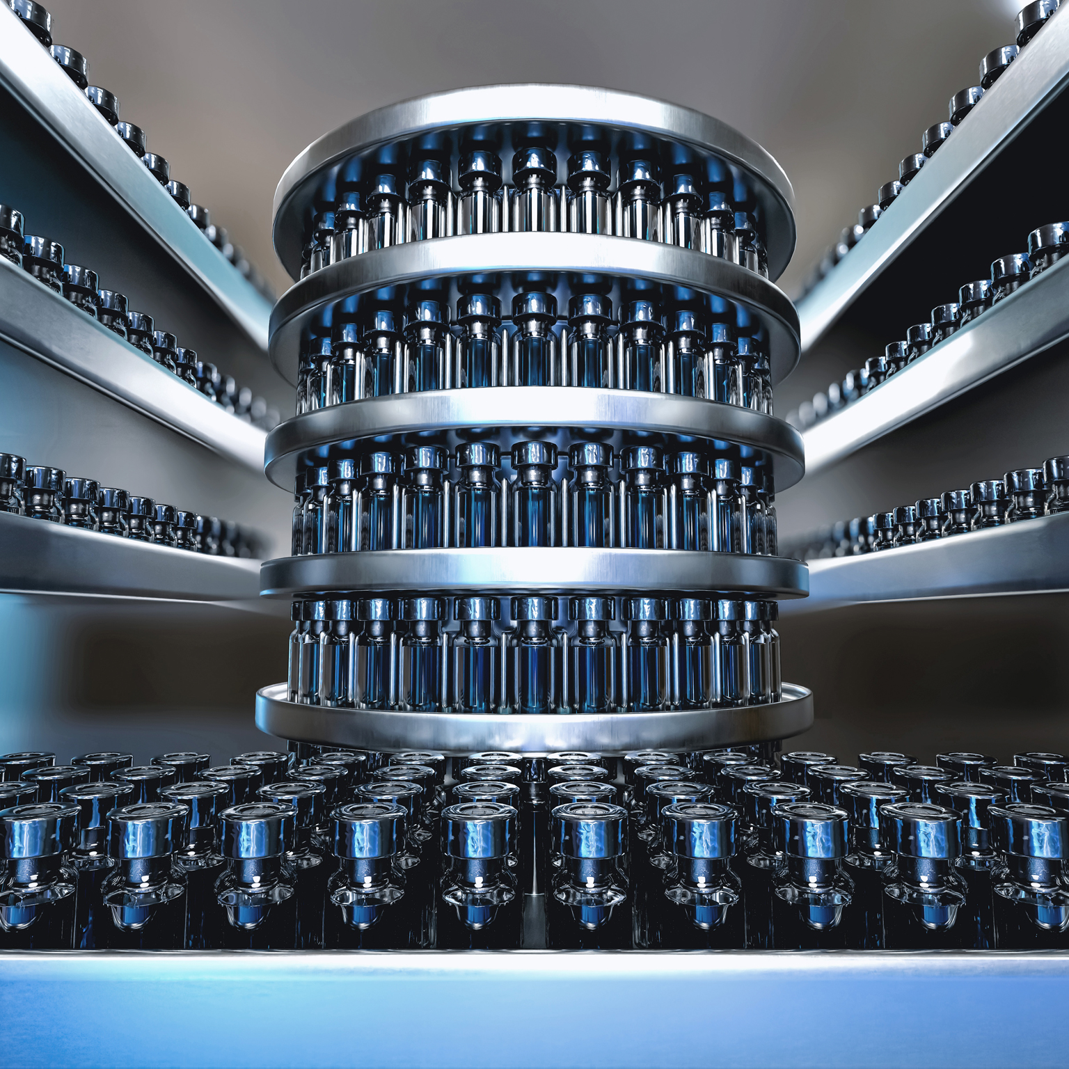 Photo of vaccine vials on an assembly line in preparation for rollout
