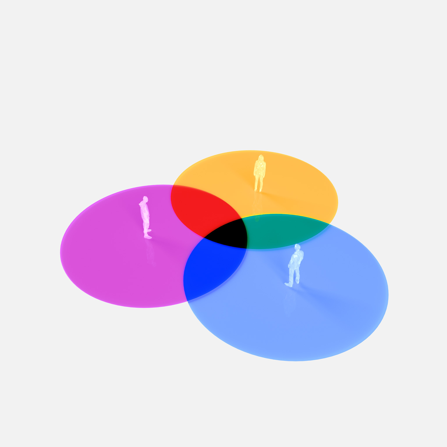 Three translucent circles, each in a different color (purple, yellow, and blue) that bring to mind a venn diagram. Inside each circle stands a small human figure.