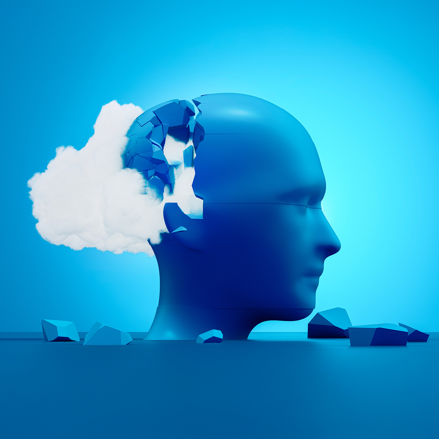 An abstract blue human head cracking open as a cloud spills out, symbolizing the mental fragmentation and strain of cognitive overload.