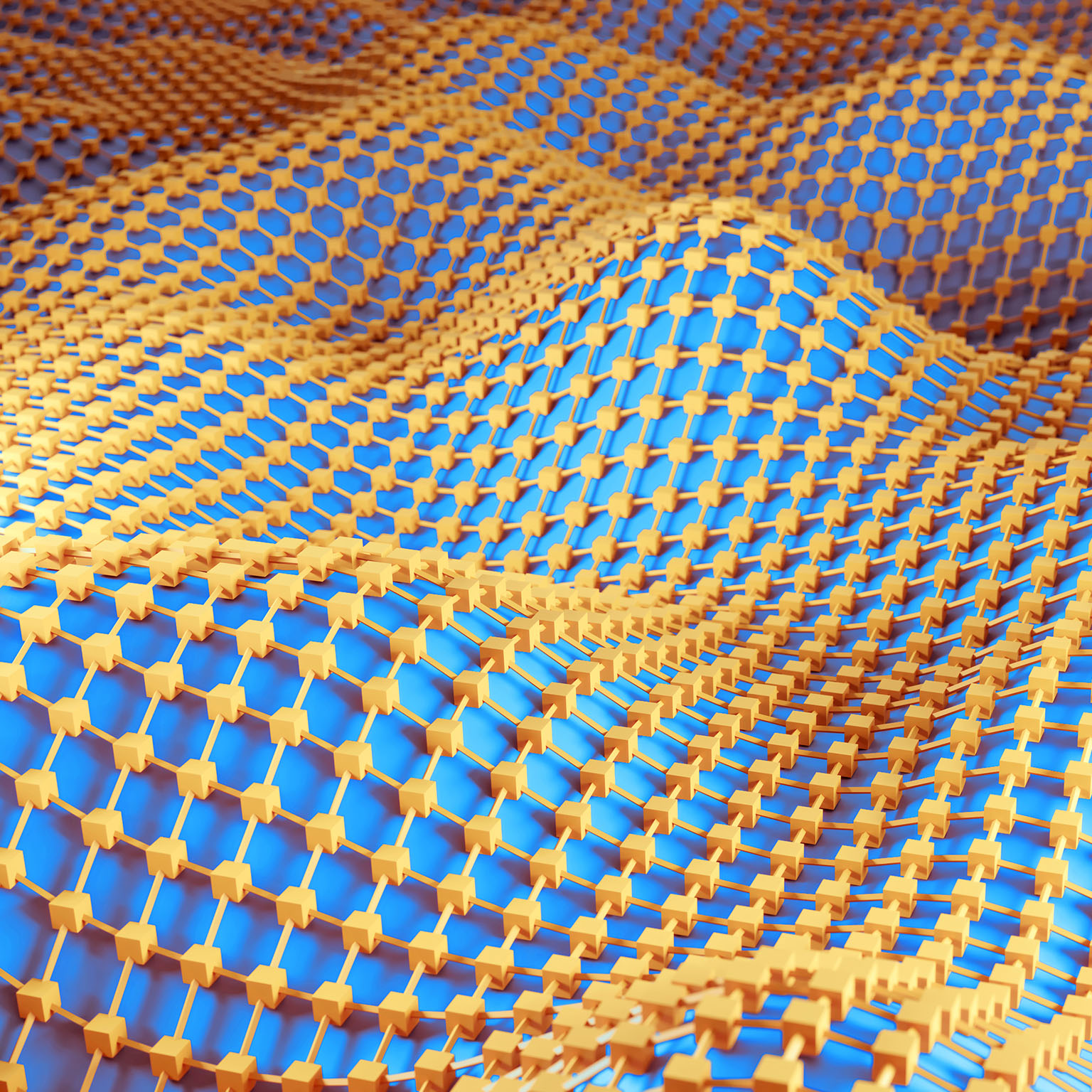 An abstract landscape of blue rolling waves is covered by a flexible orange grid of interconnected squares