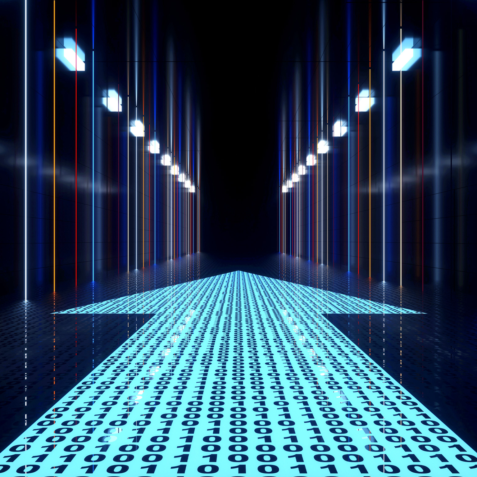 A futuristic, dark corridor lined with brightly lit, vertical neon lights of various colors. The floor is illuminated with an arrow pointing towards the vanishing point, composed of a binary code pattern, suggesting a digital pathway or journey forward.