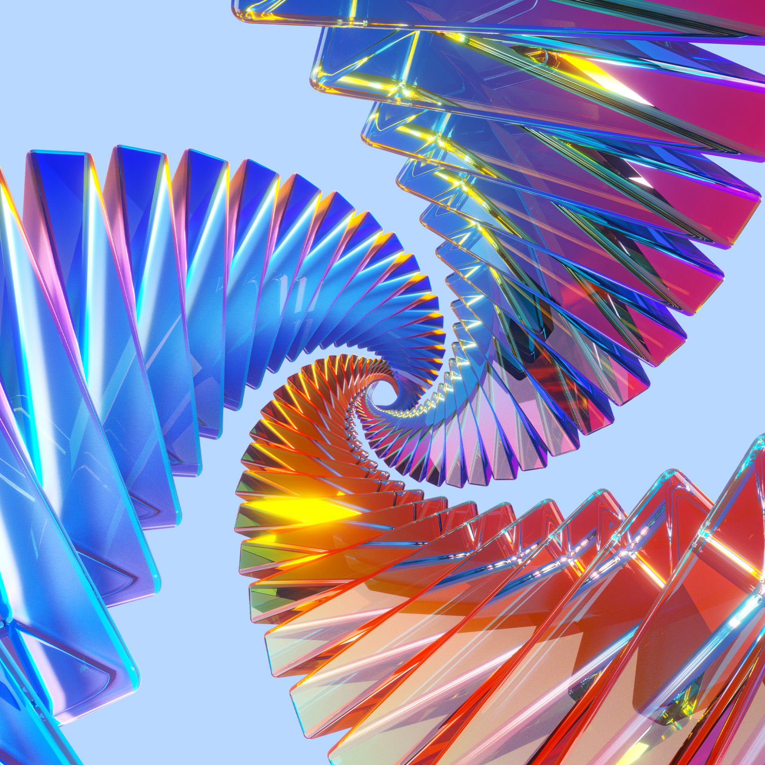 Three sets of iridescent, colorful, glasslike panels, arranged in a concentric spiral, swilling together to form a singular point.