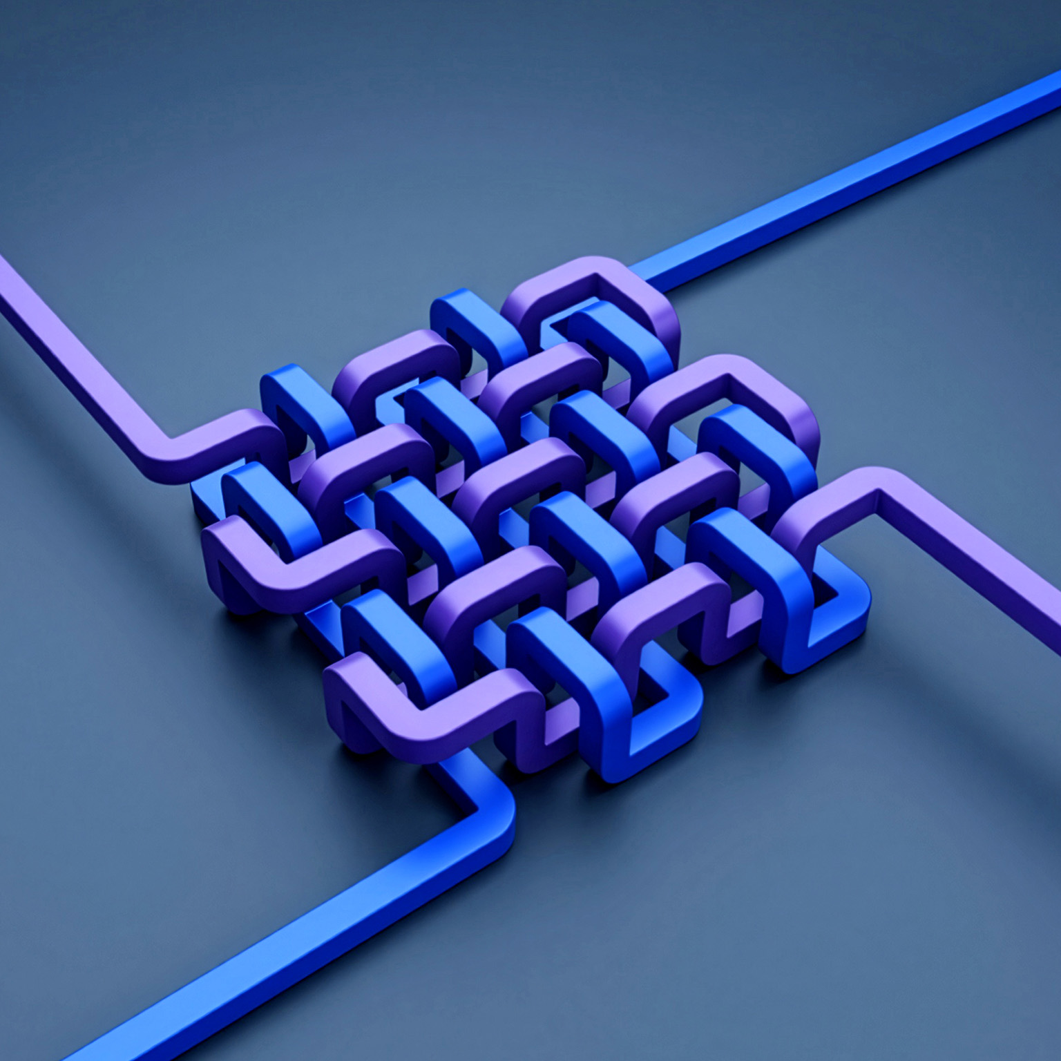 Abstract interwoven blue and purple links forming a connected pattern.