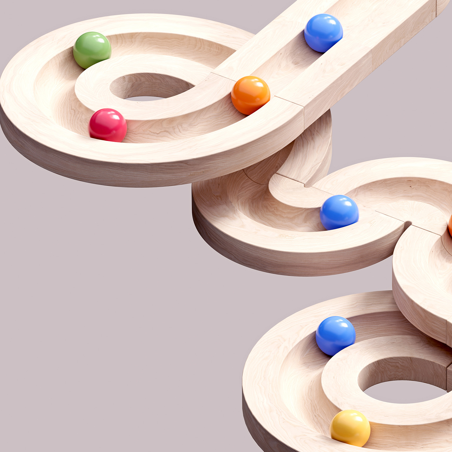 3D image of rolling spheres along a path. Creativity, learning, collaboration and teamwork concept.