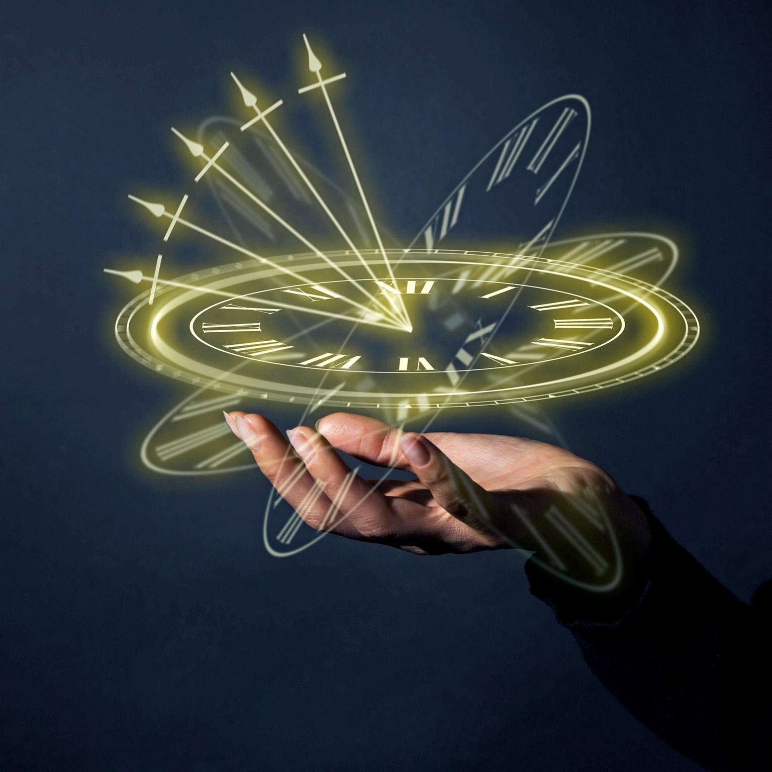 A glowing clock floats above an open palm.