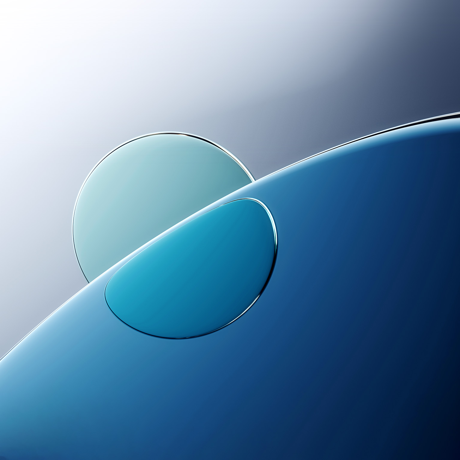 An abstract image of a curved, shiny surface of water with a lighter circle behind and refracted through it.