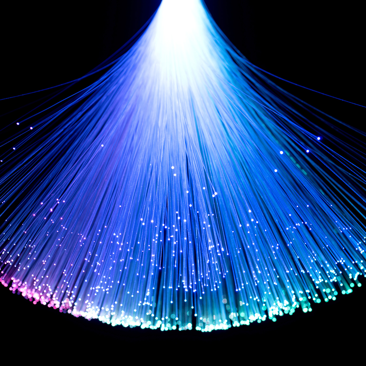 Multi-colored converging fan shape fiber optics on black background.