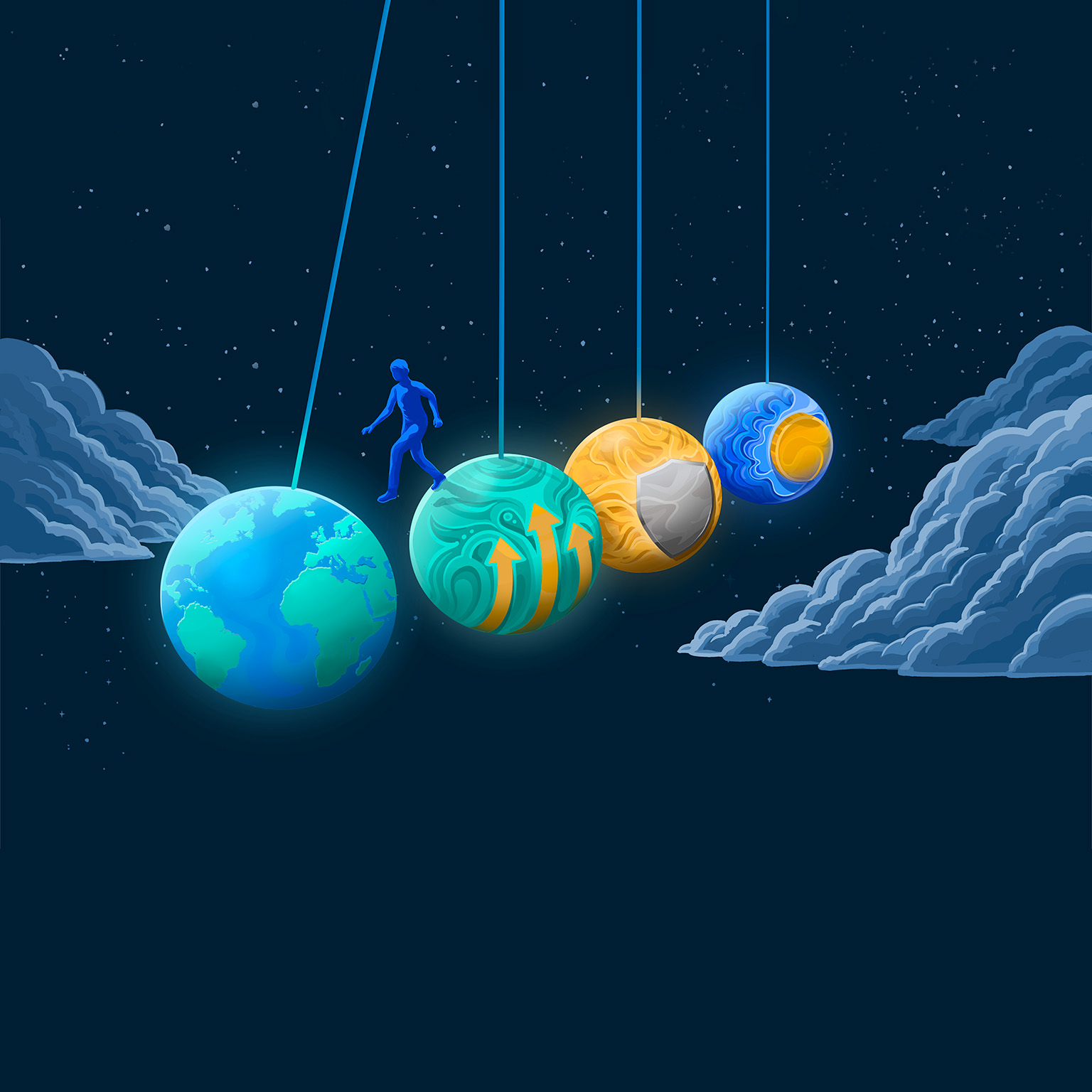 Illustration of clouds flanking four spheres that are changing colors to emerge as the earth as seen from space. A human steps toward the earth from the third sphere