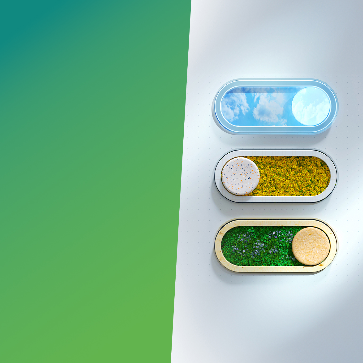 Digital generated image of sustainable horizontal bar graph opening grass, flowers, and sky environment.