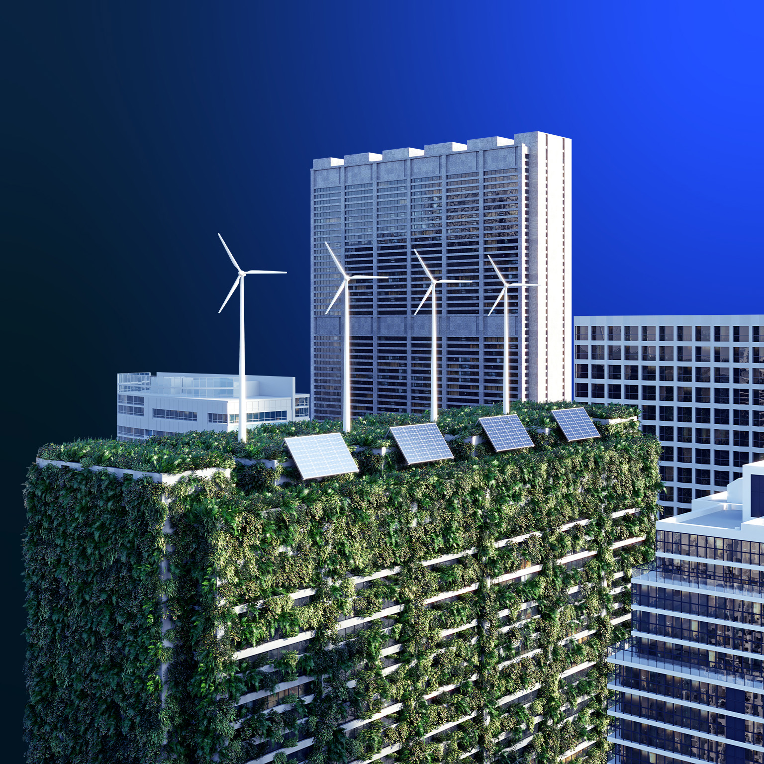 Image of high-rises in a cityscape focused on a sustainable building with solar panels, wind turbines, and a green roof.