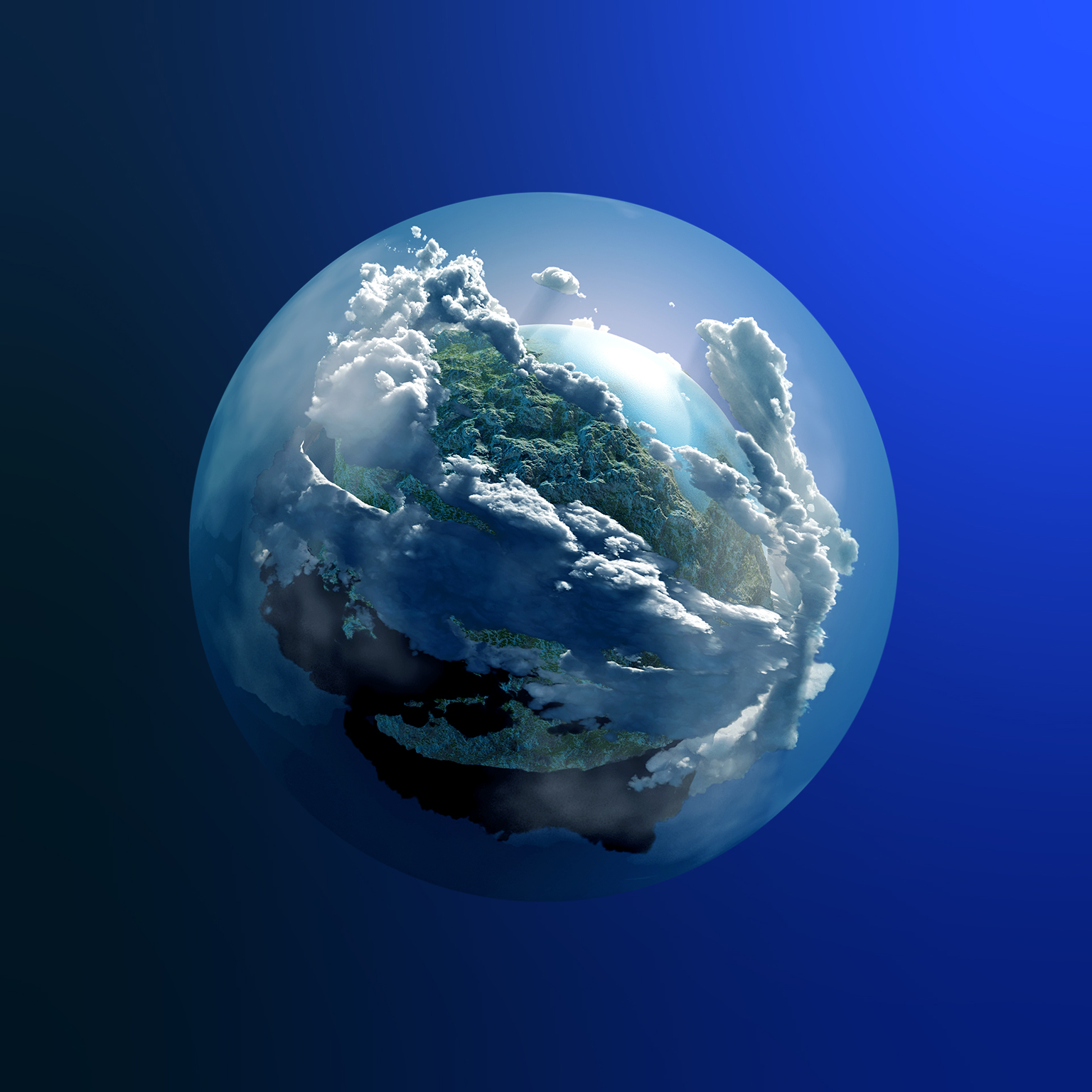 The earth's image with green cover artistically included among clouds covering the globe