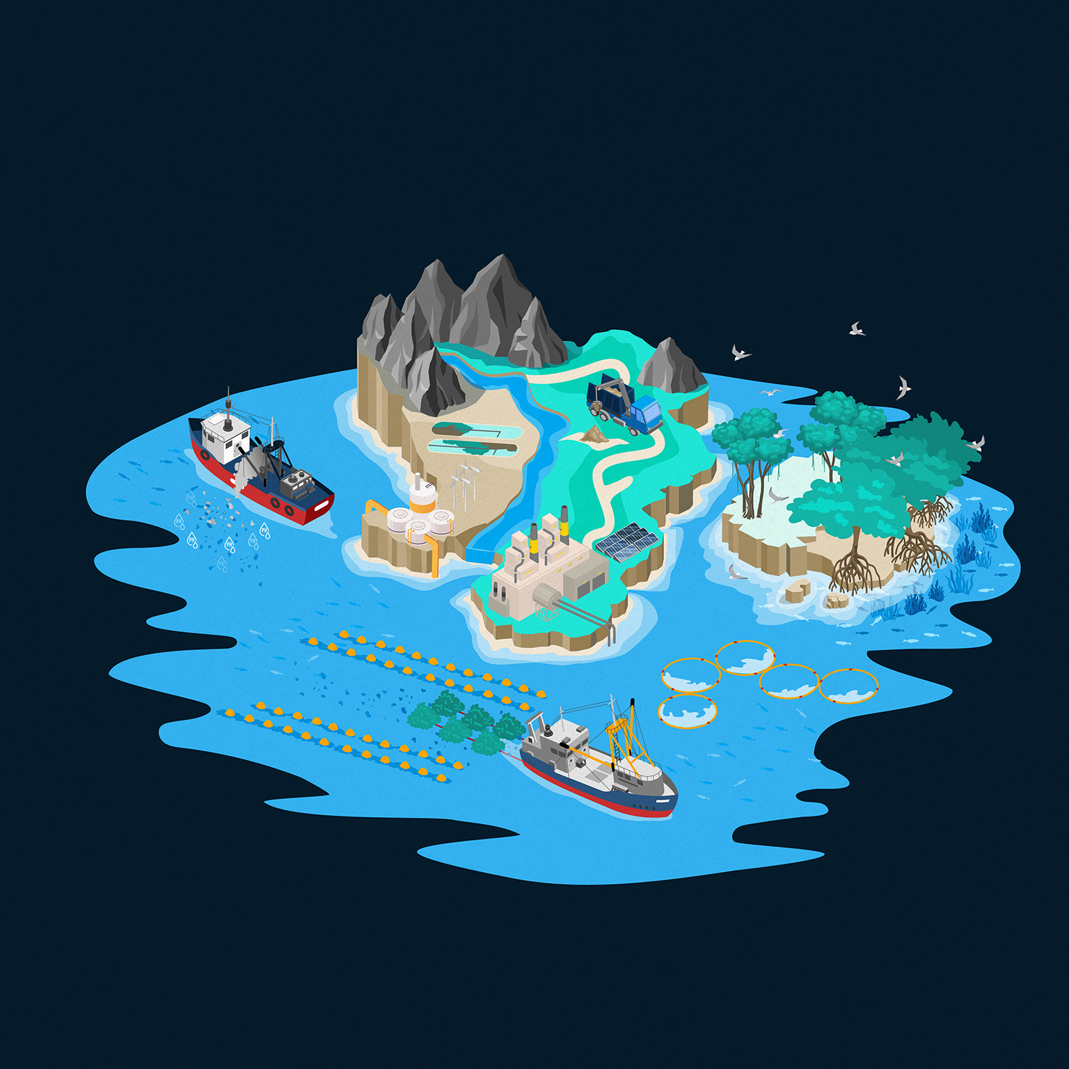 Illustration showing ocean carbon dioxide removal. Ships and tress collecting from water, trucks delivering to factory.