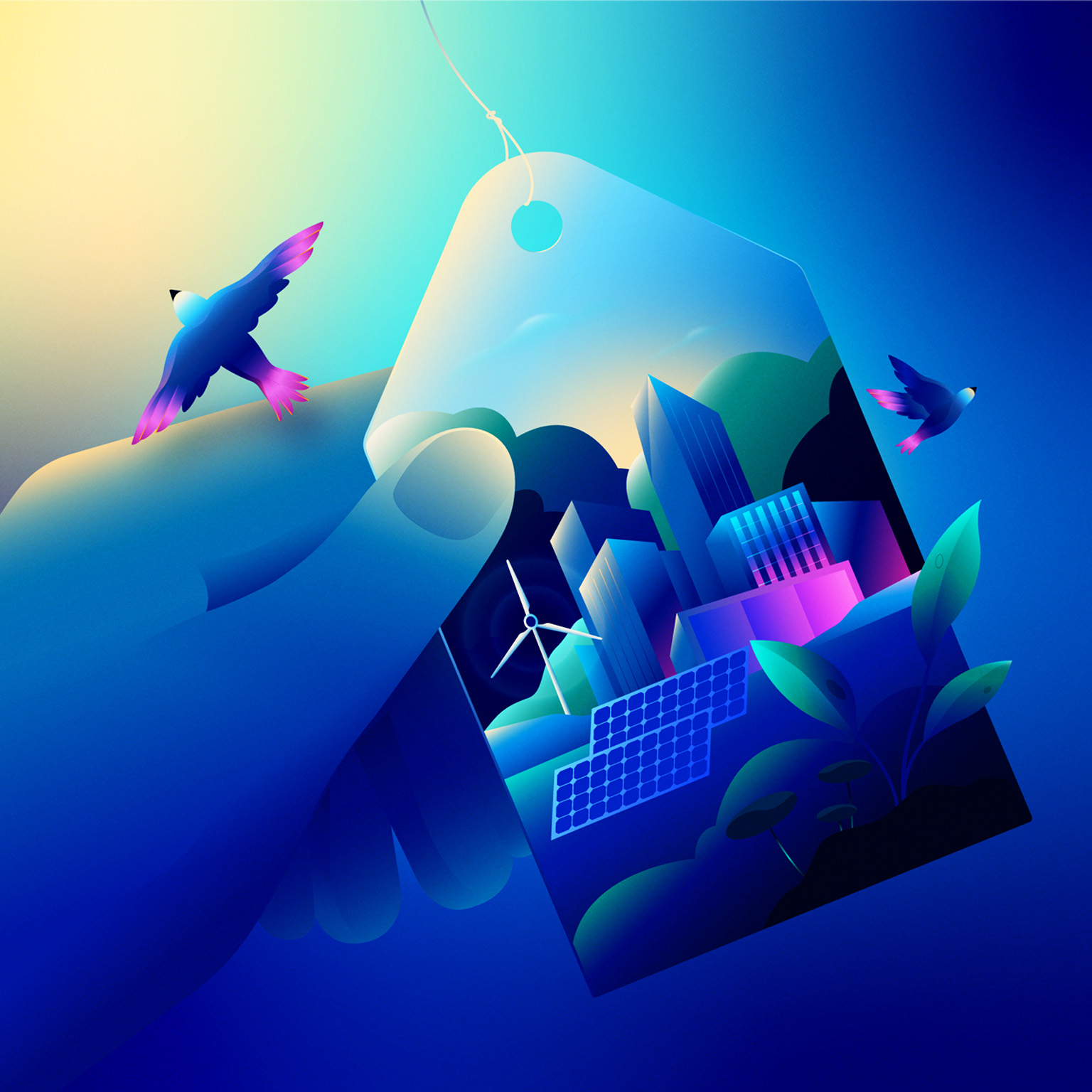 A close-up of a hand holding a price tag. On the tag is an image depicting a sustainable environment—featuring trees, modern tall buildings, a wind turbine, and solar panels. Two birds lift off from the image, flying beyond the tag and into the surrounding space.