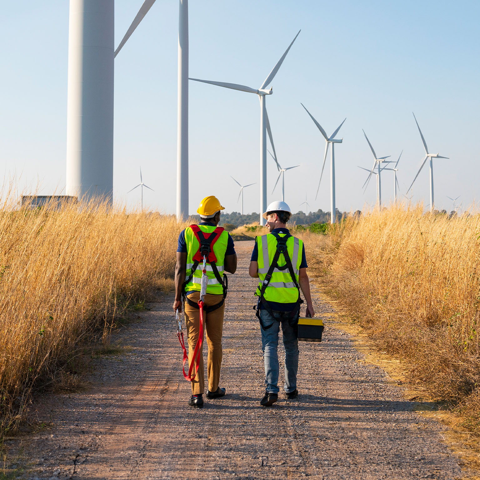Two engineers at wind farm, walking together, rear view - stock photo