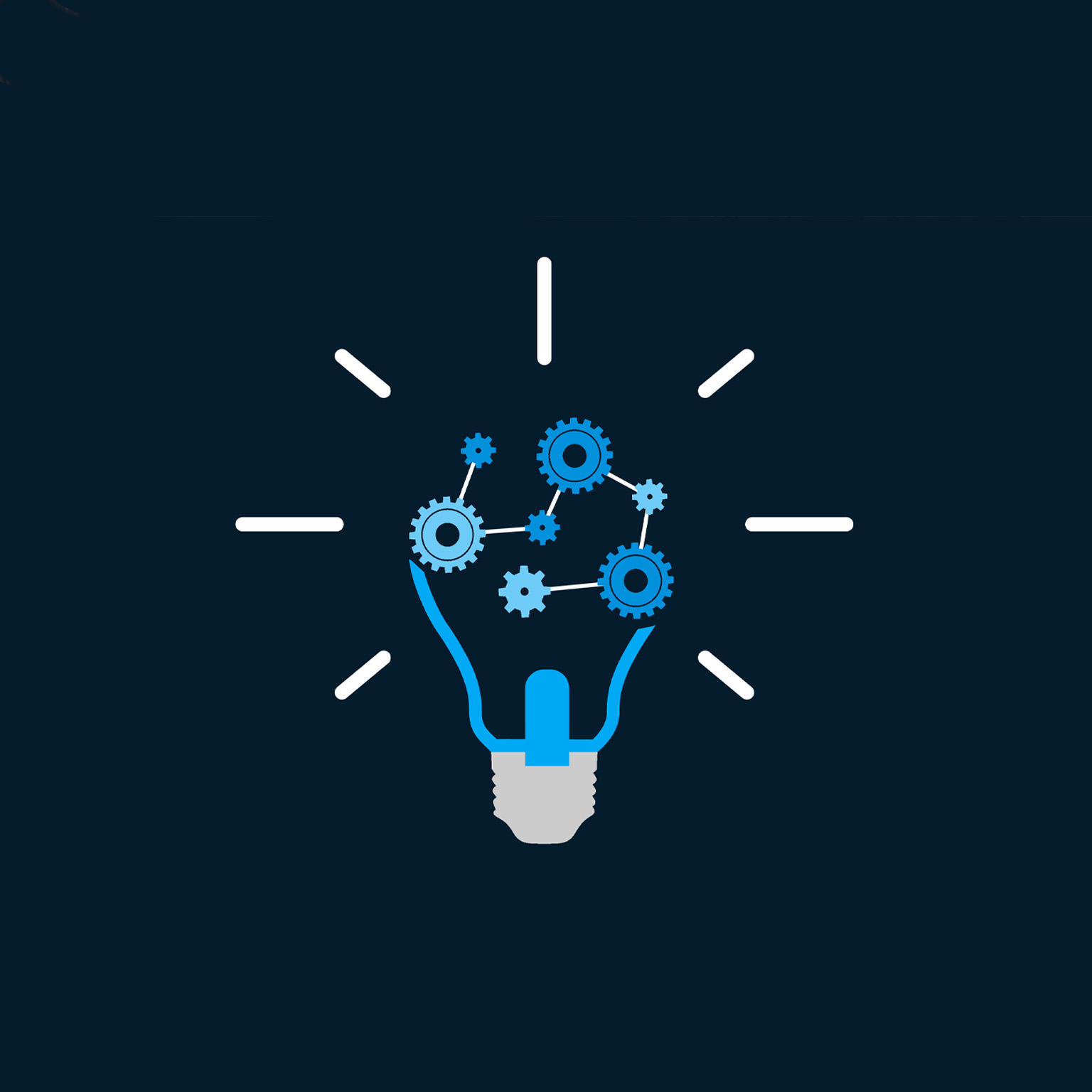 A vector style illustration of a light bulb with interconnected gears inside. The image is rendered in shade of cyan and set against a dark blue background.
