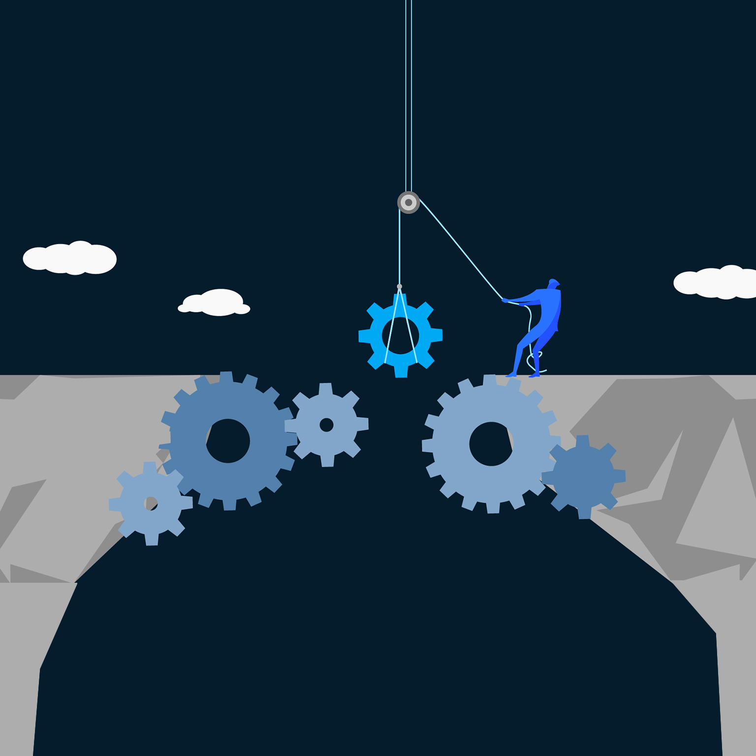 A flat-style digital illustration shows a blue human figure standing at the edge of a cliff, using a rope and pulley to lower a cyan gear into the gap between two rocky gray cliffs. Interlocking blue and gray gears of various sizes bridge the chasm below, set against a dark navy sky with white clouds.