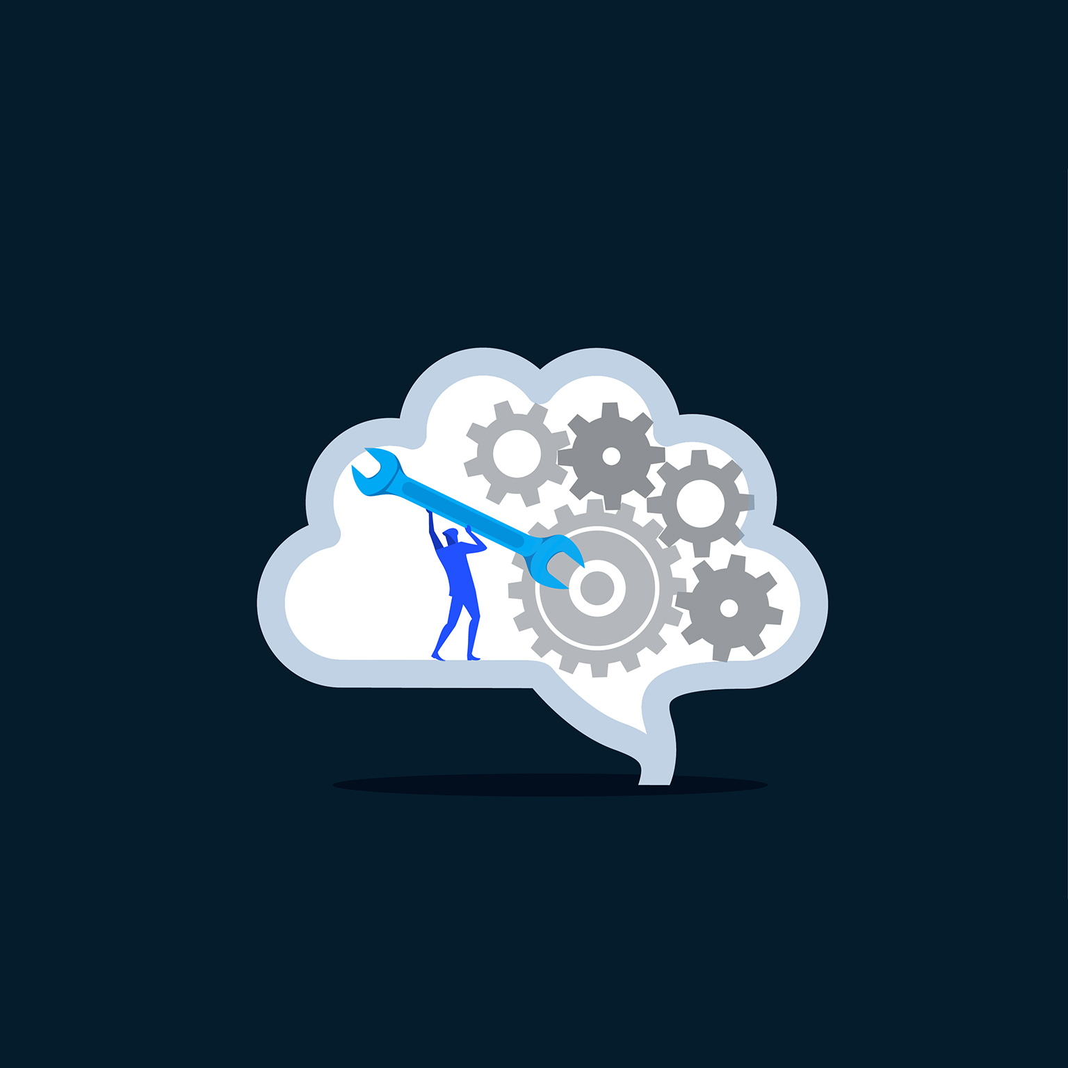 The image is a conceptual illustration representing brain repair, cognitive optimization, and critical thinking. Key Elements: A human silhouette uses a blue wrench to adjust a system of interlocking gears inside a stylized, white brain outline on a dark background.