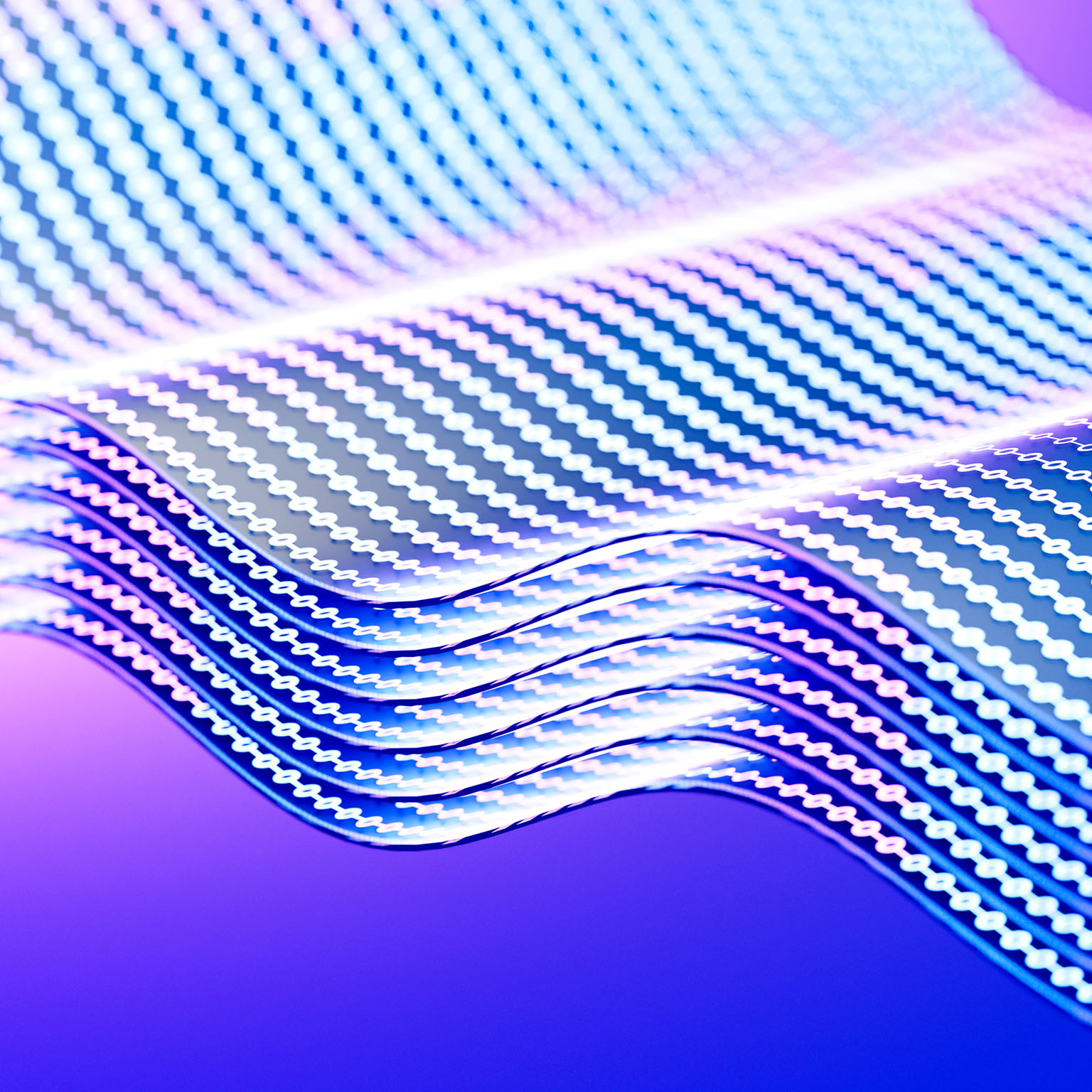 Abstract image of flowing, wave-like grid made of glowing dots in blue and purple tones.