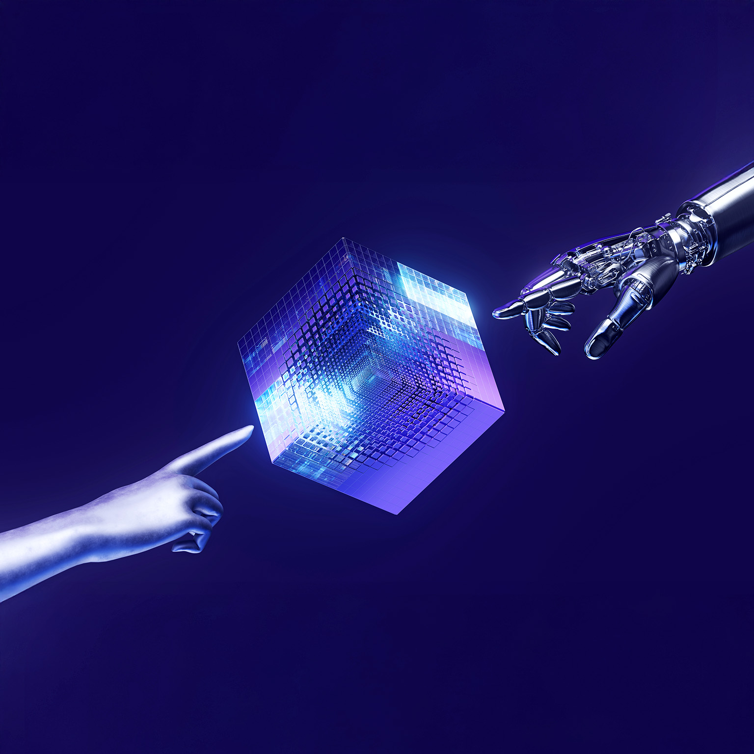 A 3D image of a digital cube with a robot hand pointing at it from one direction and a human hand from the other.